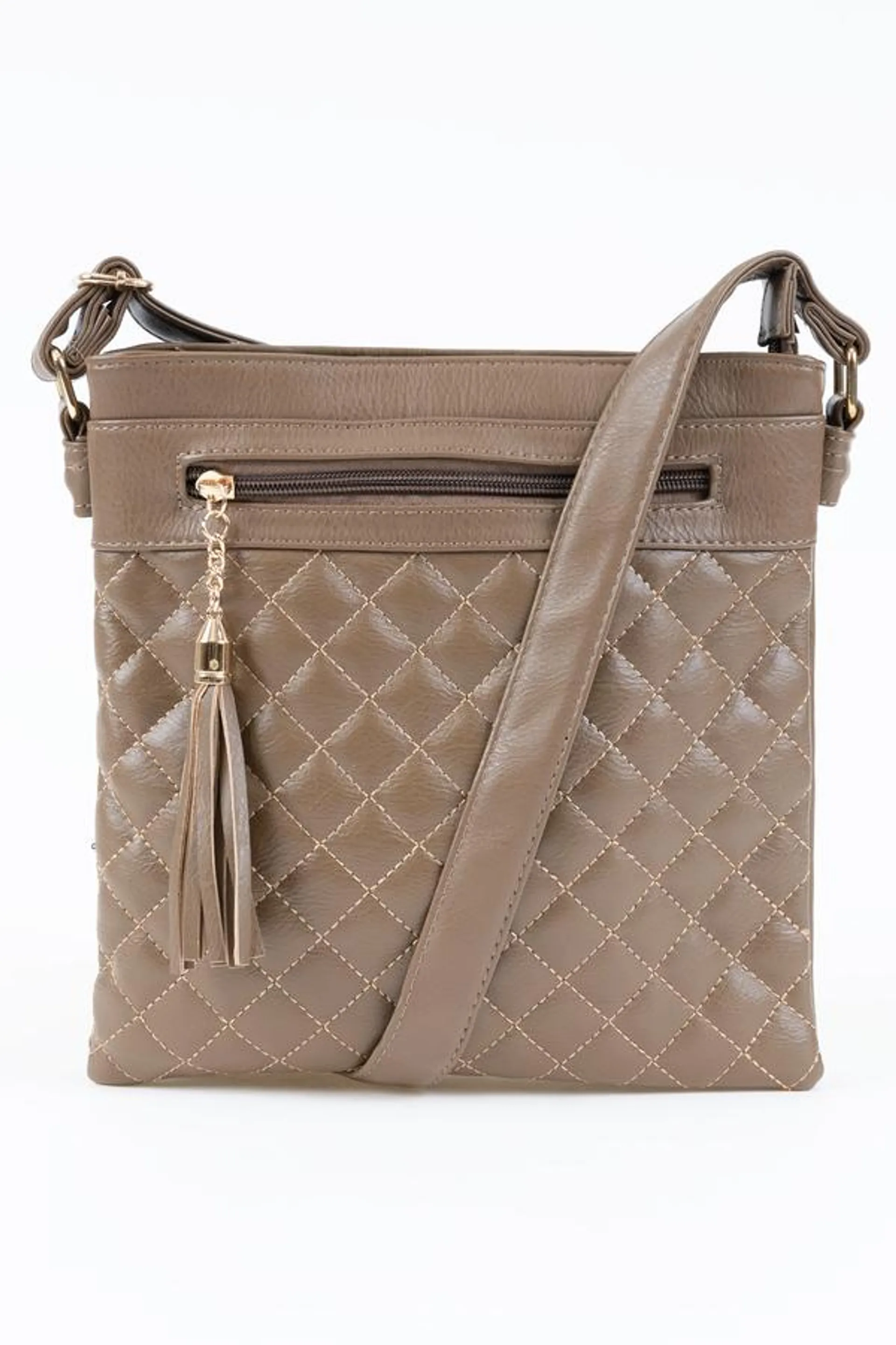 Quilted crossbody bag with tassel accent - Taupe