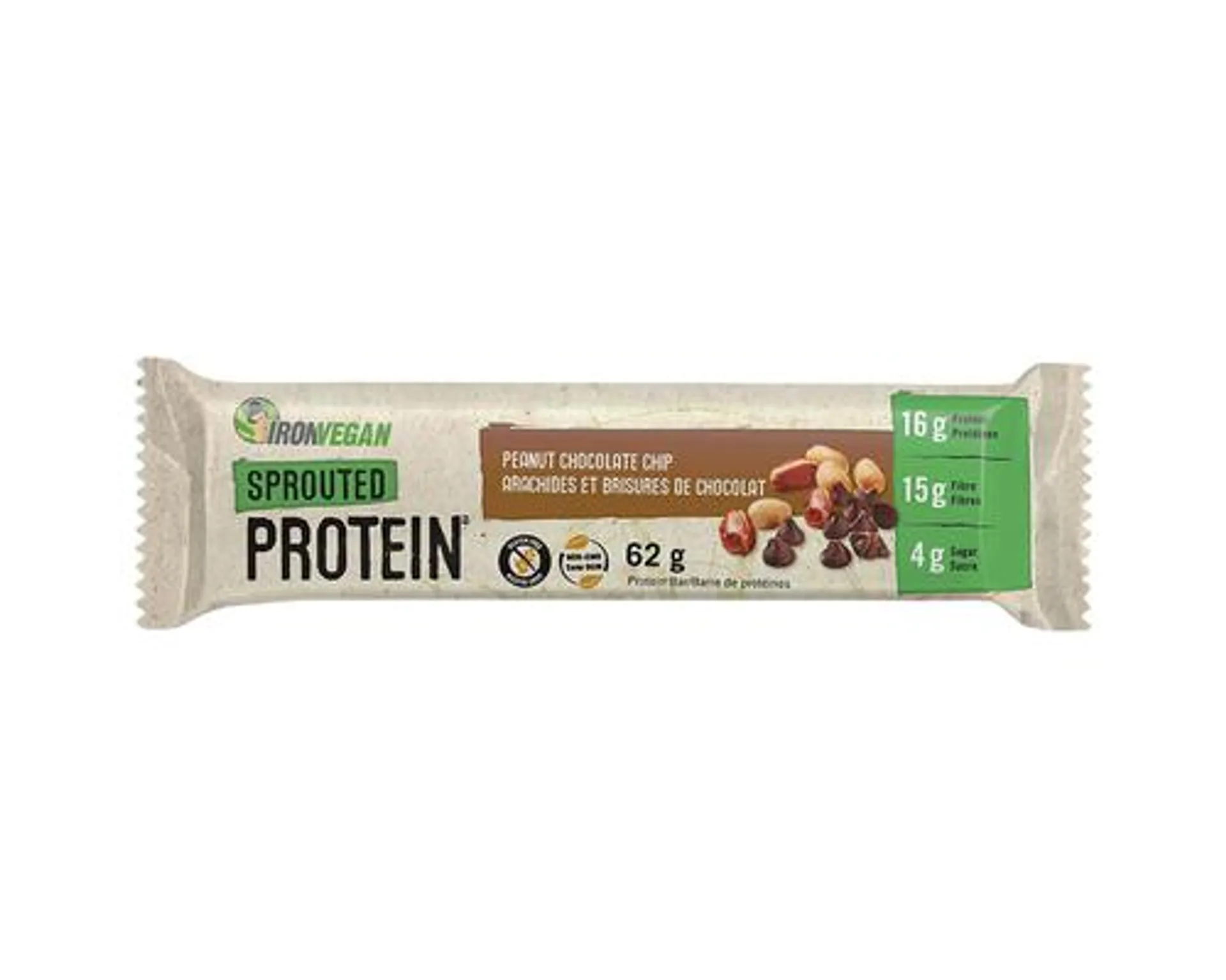 Iron Vegan Sprouted Protein Bar Peanut Chocolate Chip 62g X 12