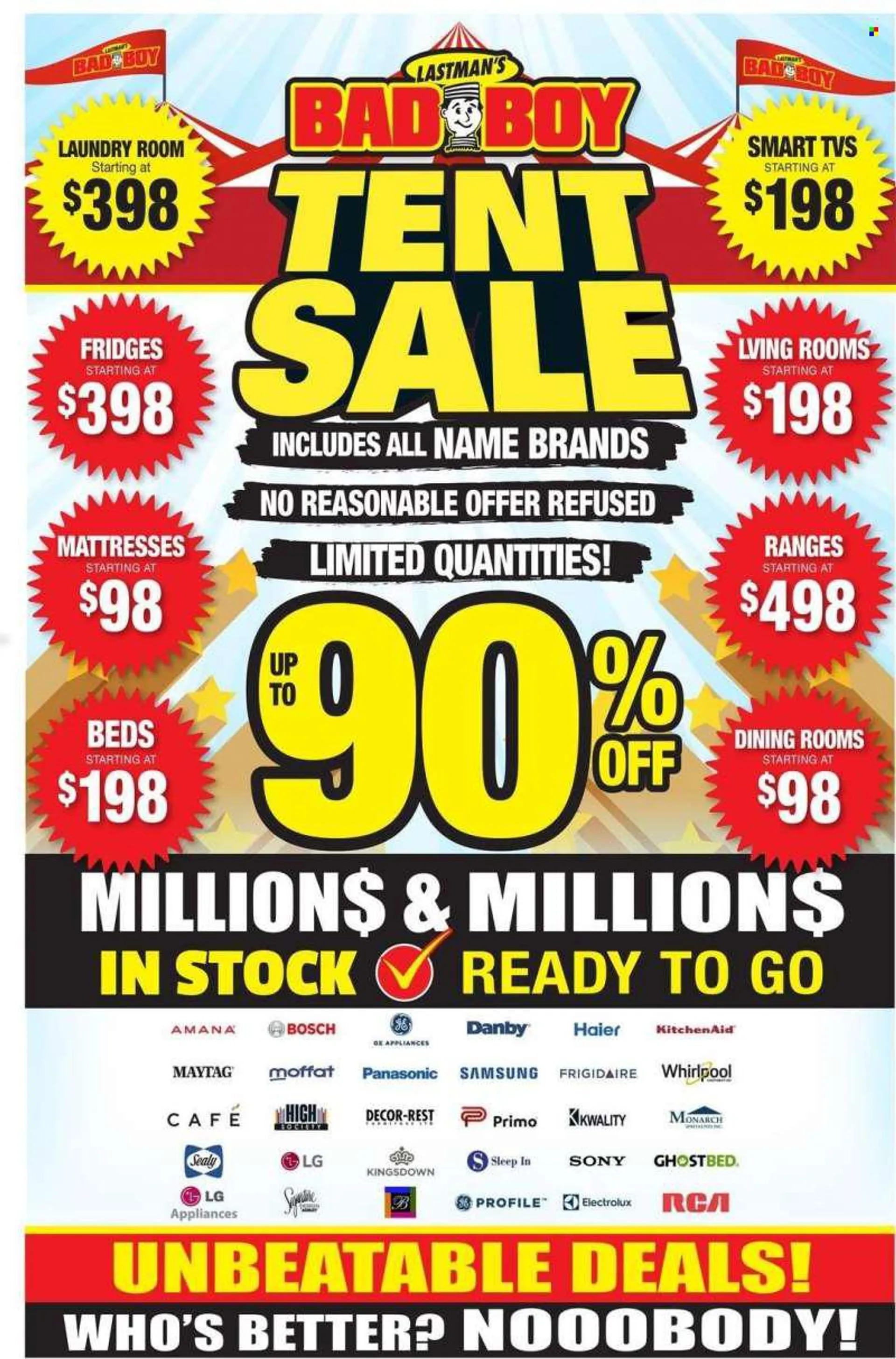 Bad Boy Superstore Flyer - August 04, 2022 - August 31, 2022 - Sales products - Sony, KitchenAid, Samsung, RCA, Monarch, TV, Bosch, Amana, Whirlpool, Danby, Maytag, bed, mattress, Electrolux, LG, Haier, Panasonic. Page 25.