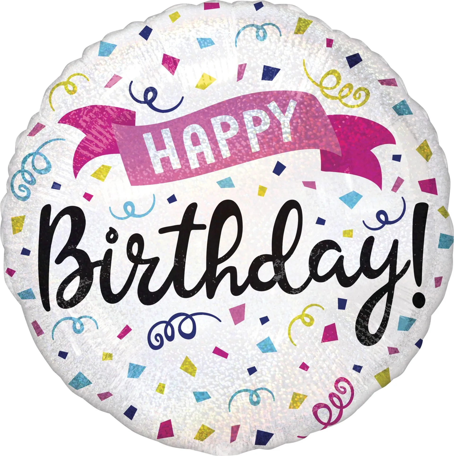 "Happy Birthday" Round Satin Foil Balloon, White/Black, Confetti/Streamers, 17-in, Helium Inflation & Ribbon Included for Birthday Party