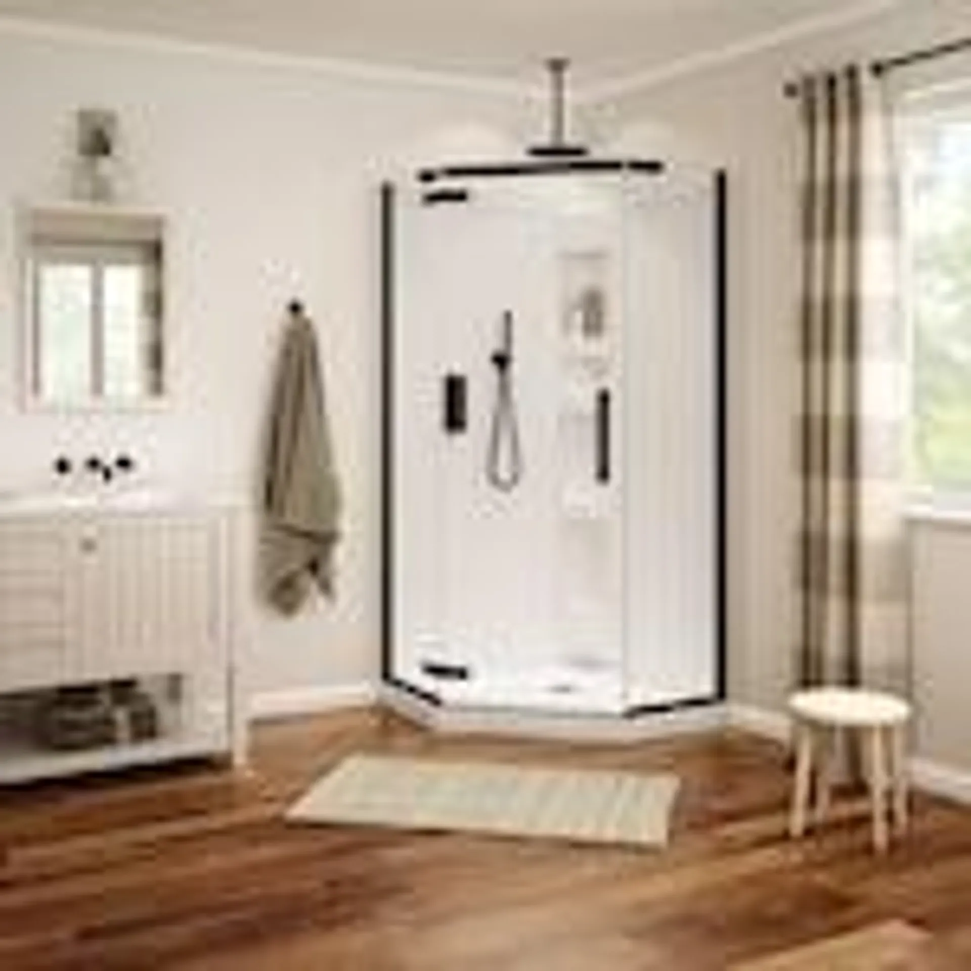 Davana 38L x 38W x 78.75H-inch Neo-Angle Frameless Corner Shower Kit Enclosure with Walls (Built-In Shelves), Base and Dark Bronze Pivot Door