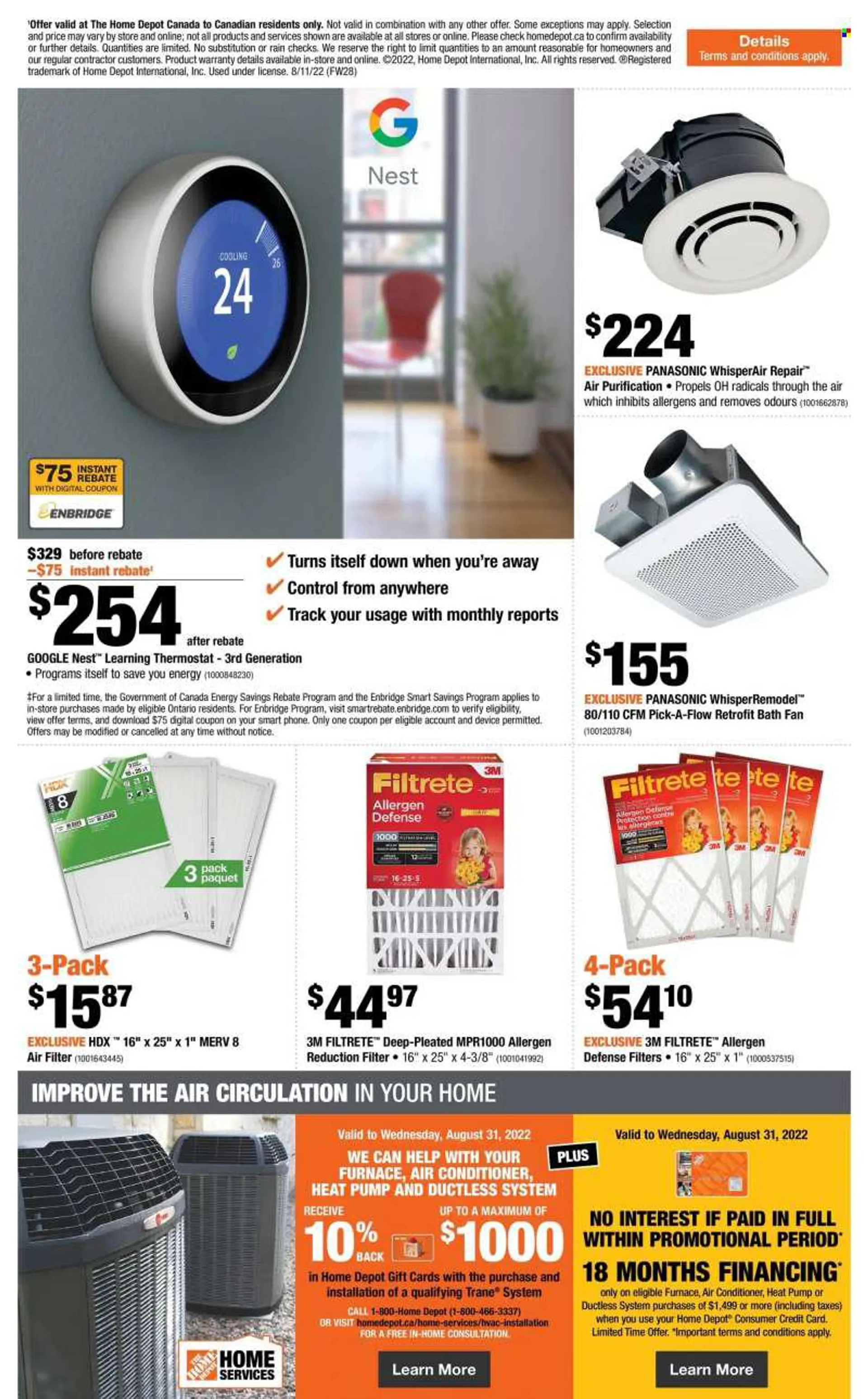 The Home Depot Flyer - August 11, 2022 - August 17, 2022 - Sales products - Filtrete, furnace, Panasonic. Page 14.