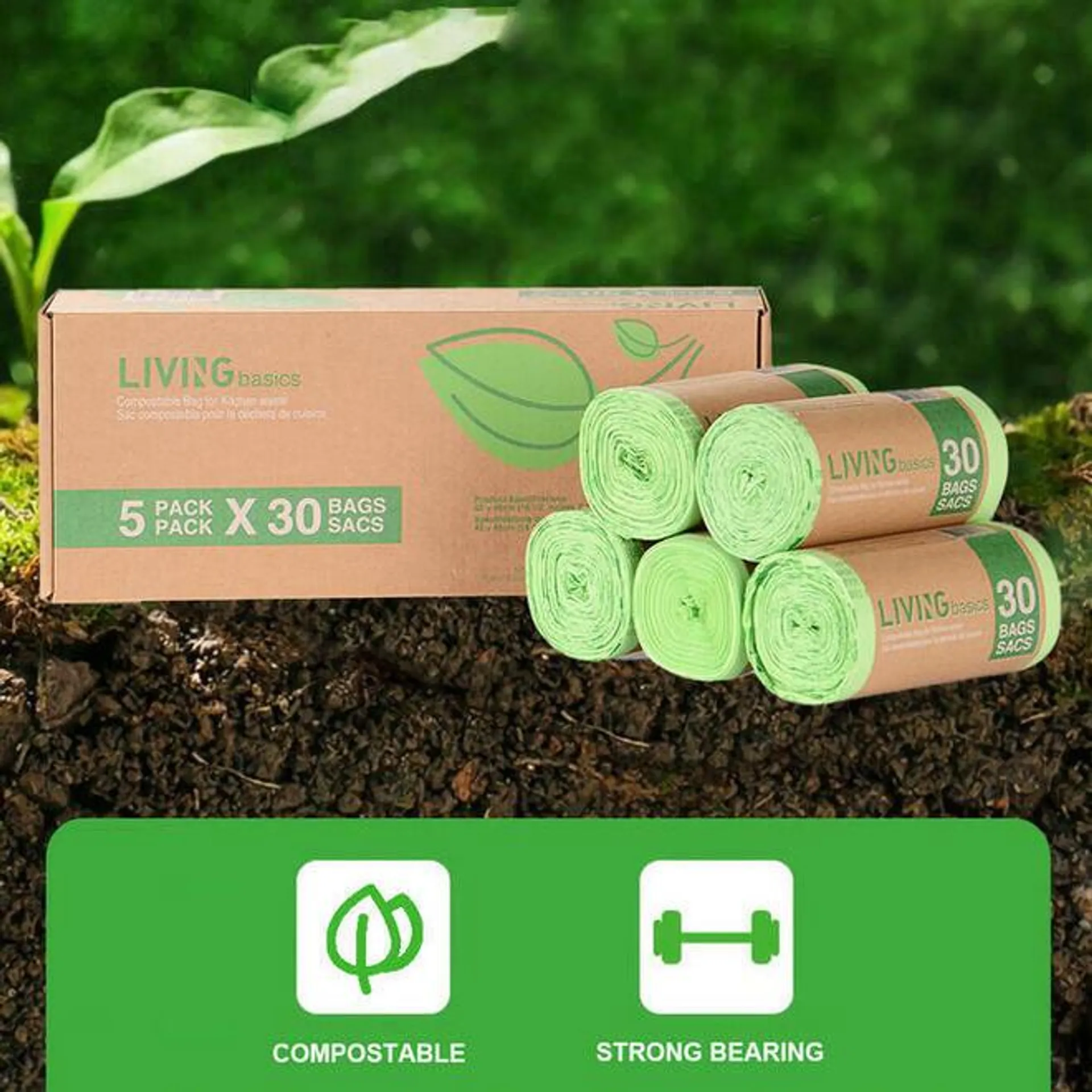 Compostable BPI Certified Biodegradable Garbage Bags 0.86 Mil, 12L, 5*30 bags - LIVINGbasics®