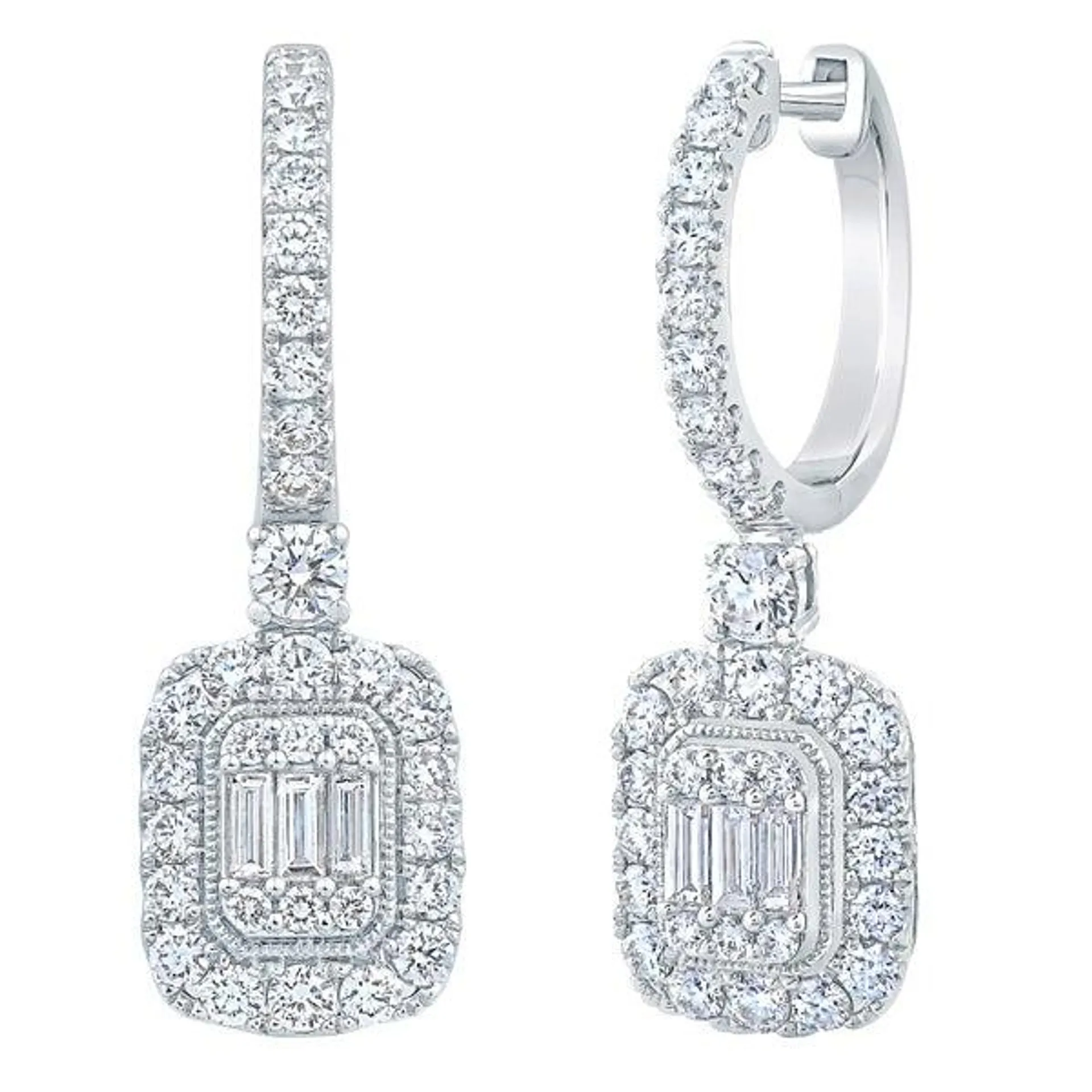 Baguette Cut and Round Brilliant Diamond Dangle Earrings (1.50 ctw)