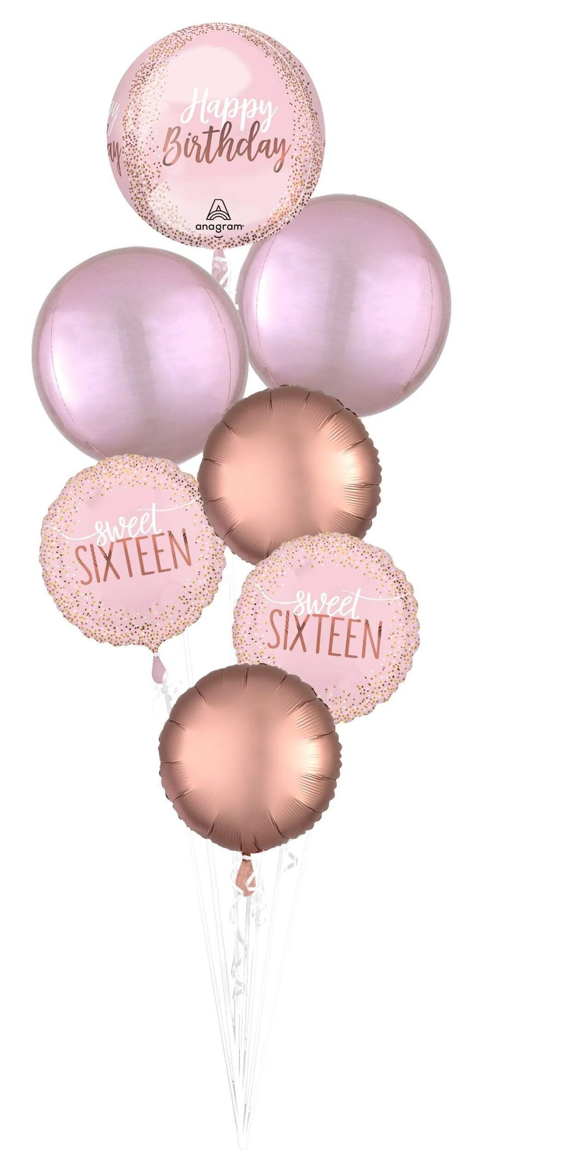 Sweet Sixteen "Happy Birthday" Round/Orbz Satin Foil Balloon Bouquet, Rose Gold/Pink, 7-pk, Helium Inflation & Ribbon Included for Birthday Party