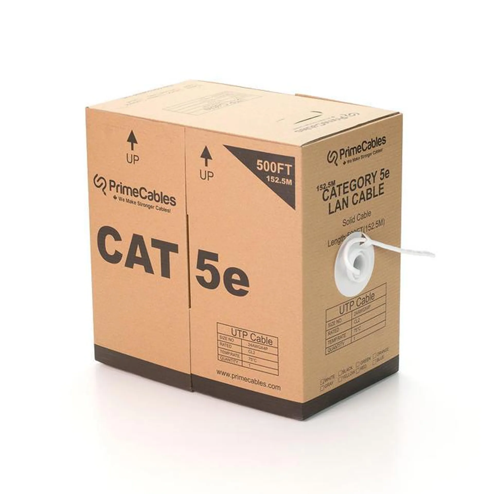 Cat5e 24AWG UTP Solid Bulk Cable, In-Wall Rated (CL2), 500ft - PrimeCables® - White