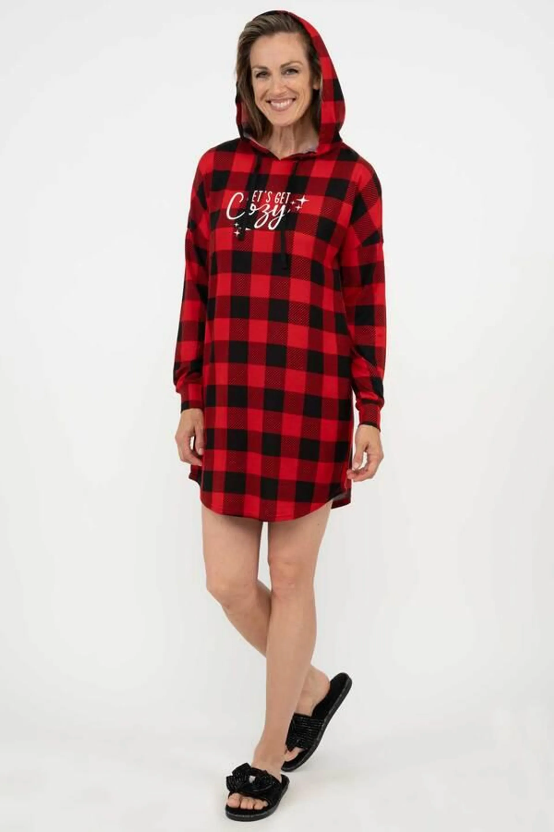 Hooded sleepshirt - Buffalo check - "Let's get cozy"