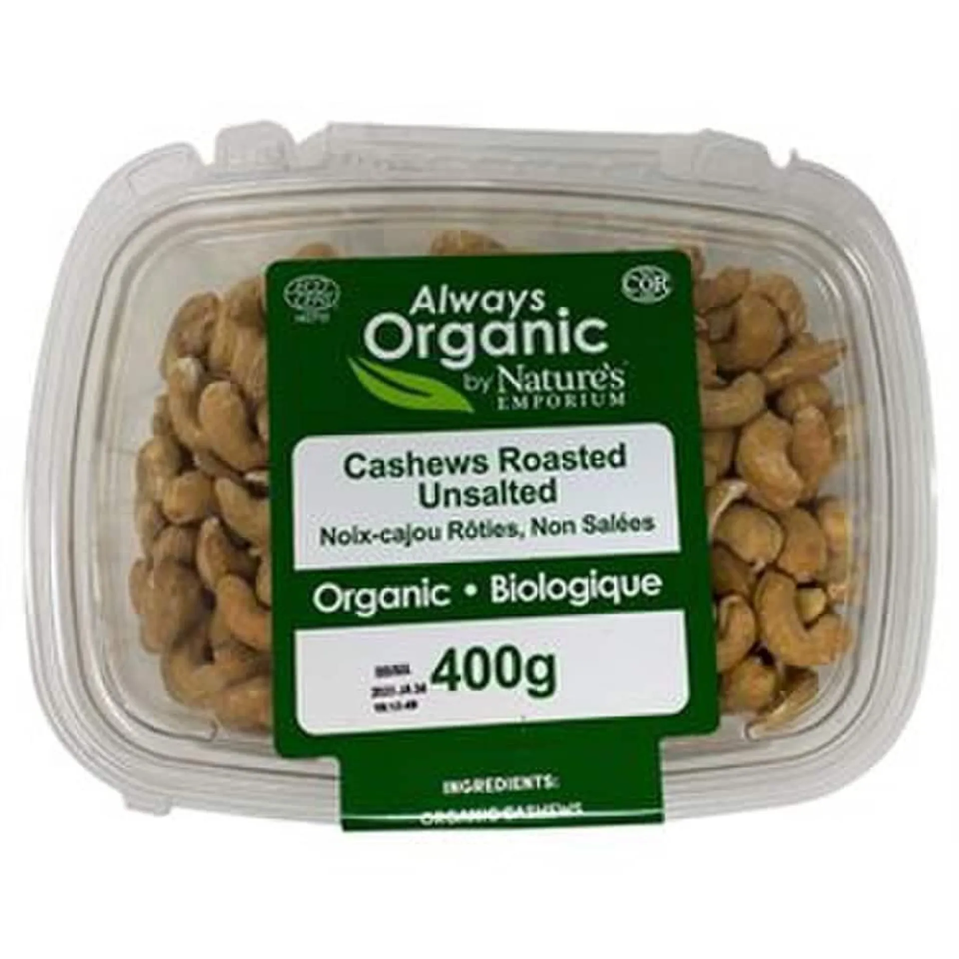 Always Organic Cashews Roasted Unsalted Org Tub 400 g