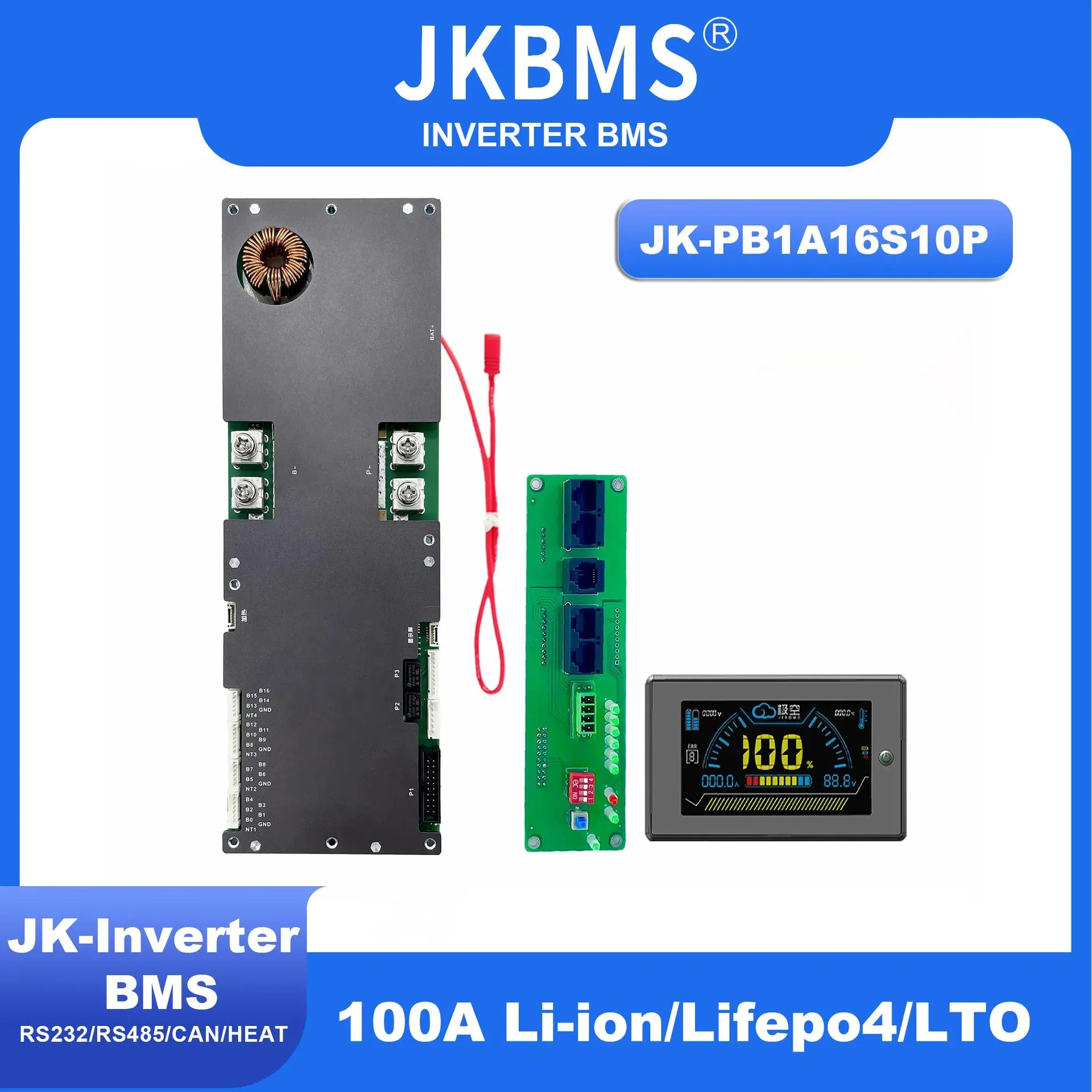 JKBMS PB1A16S10P Inverter Smart BMS 8S - 16S 100A 24V 48V Family Energy Storage Lifepo4/Li-ion/LTO For Growatt Deye Inverter