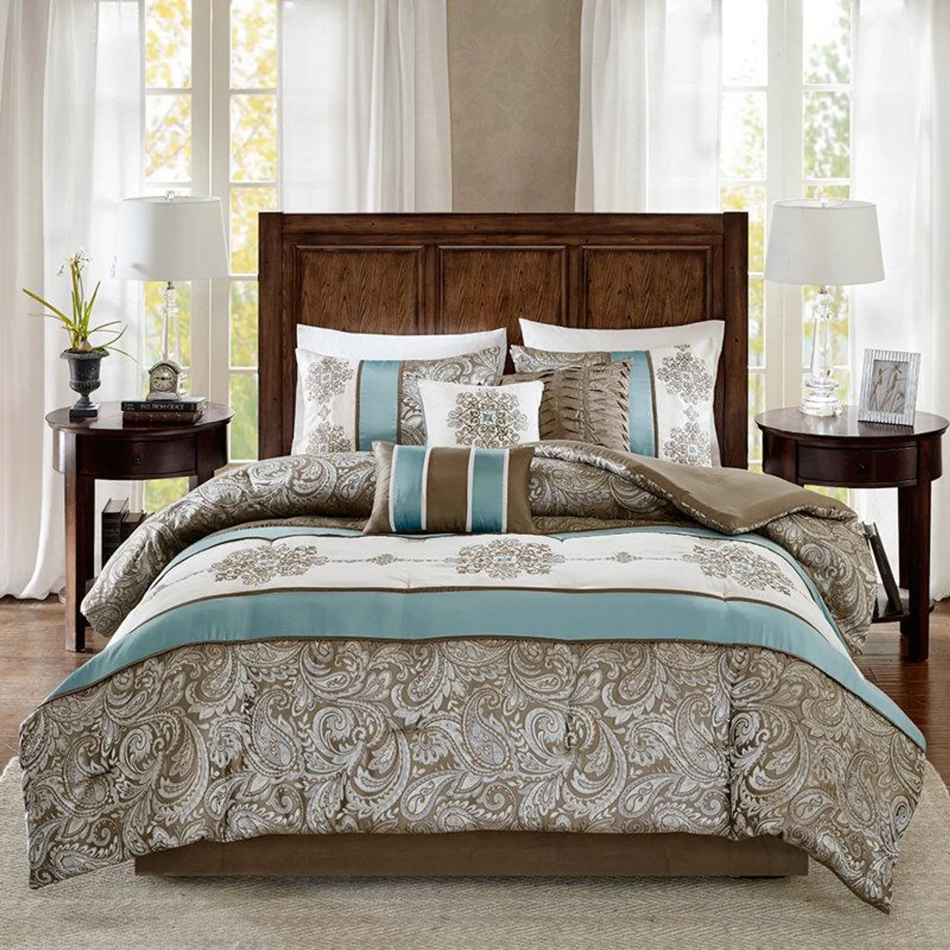 Caroline Blue/Brown/Ivory Microfiber Reversible Traditional 7 Piece Comforter Set