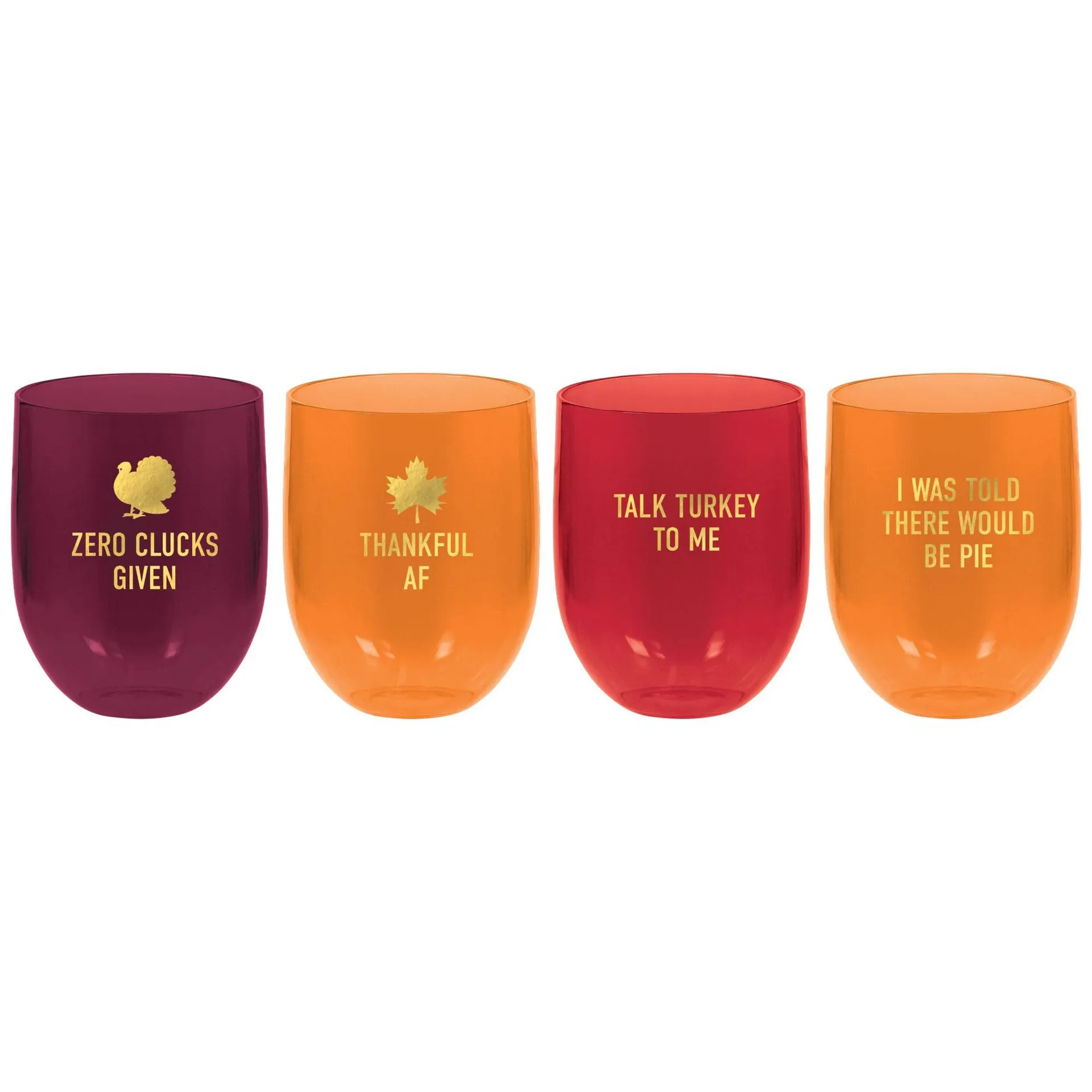 "Thankful AF" Friendsgiving Plastic Reusable Stemless Wine Glasses, Red/Orange, 15-oz, 4-pk, for Thanksgiving