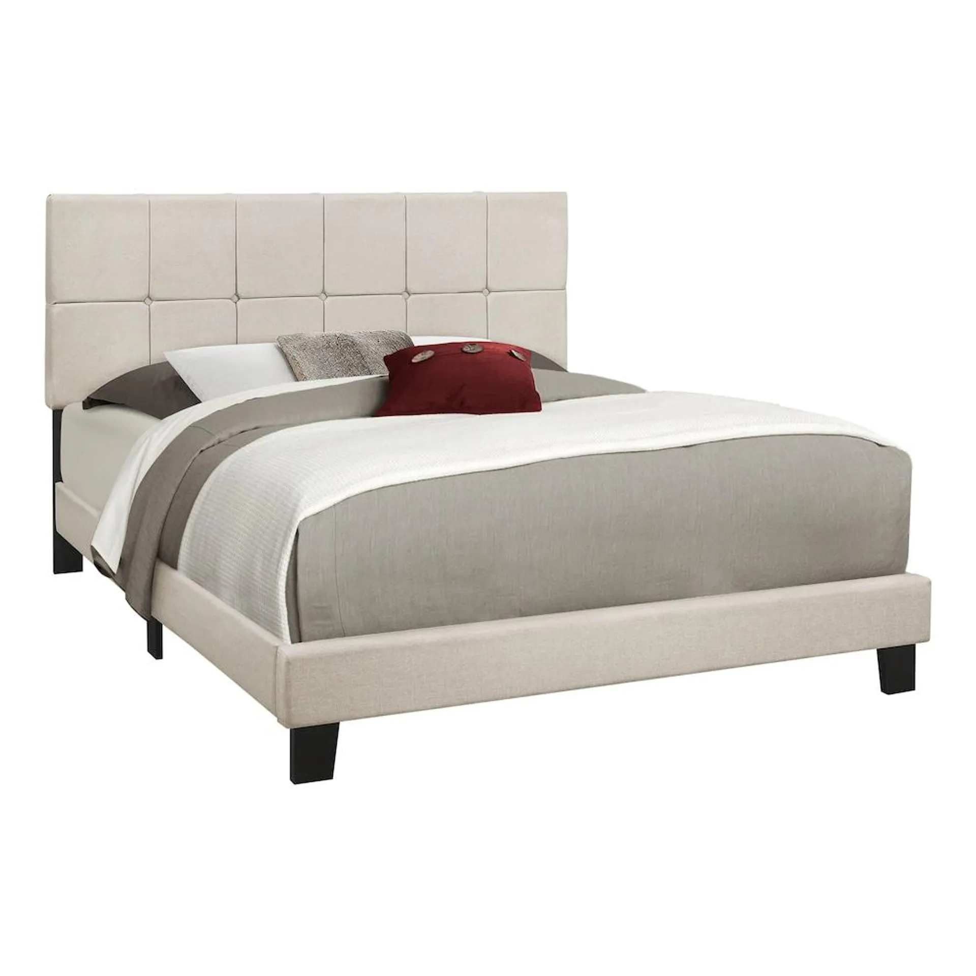 Bed, Queen Size, Platform, Bedroom, Frame, Upholstered, Linen Look, Wood Legs, Beige, Black