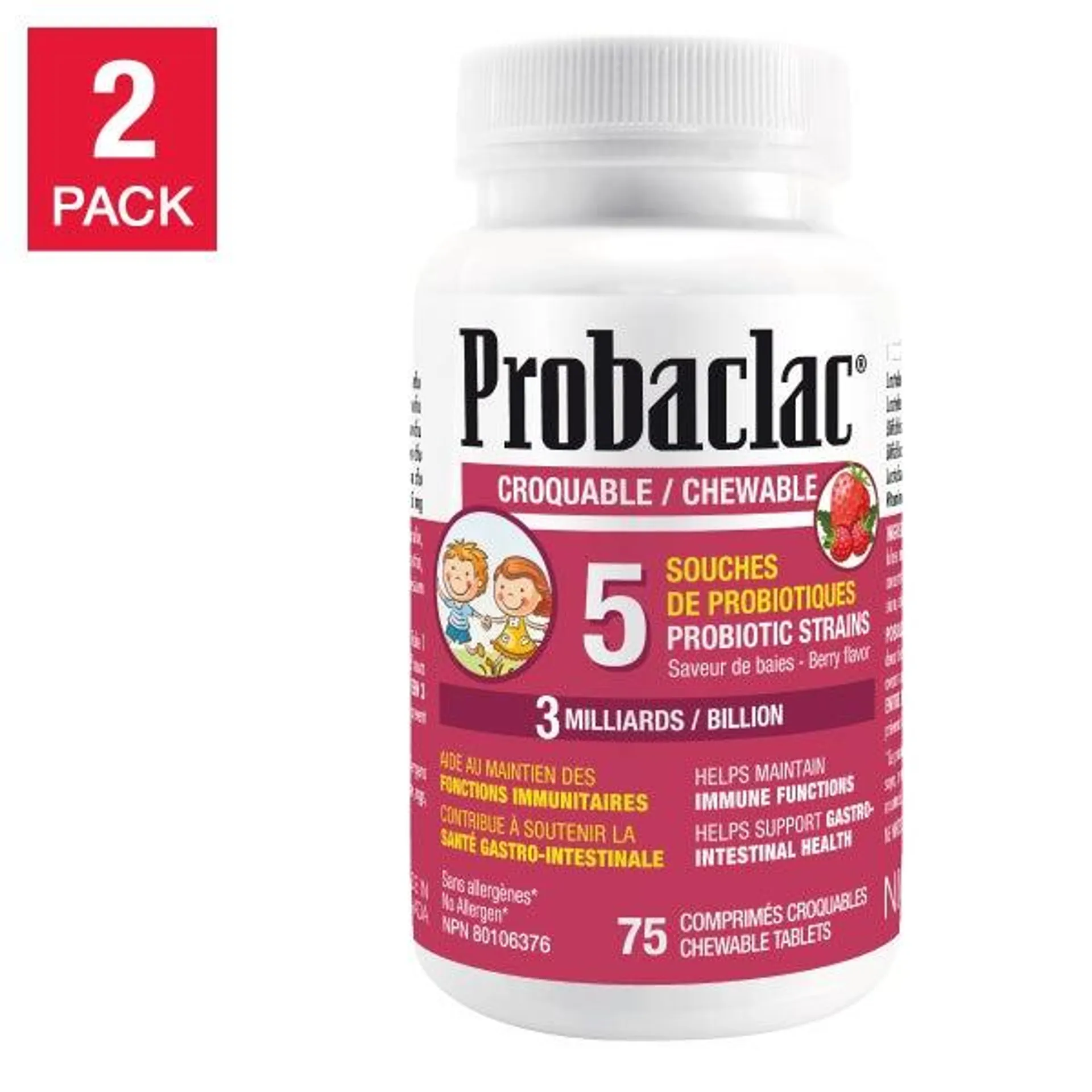 Probaclac Chewable Probiotics with Vitamin C for Children - 5 Strains - 3 Billion Active Cells - 2 x 75 tablets