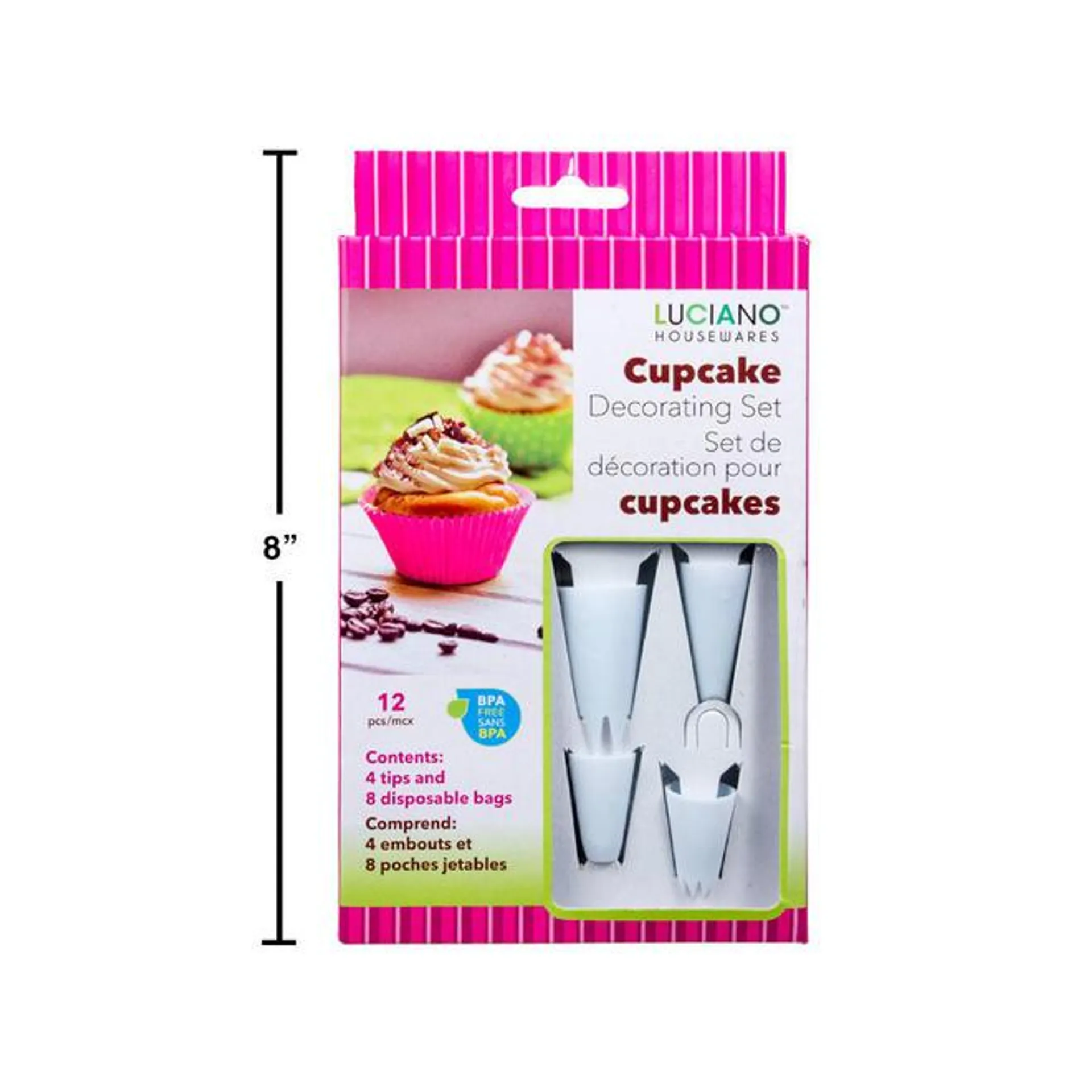Luciano Plastic Cupcake Decorating Set 4 Icing tips and 8 disposable bags 12Pcs/Pack