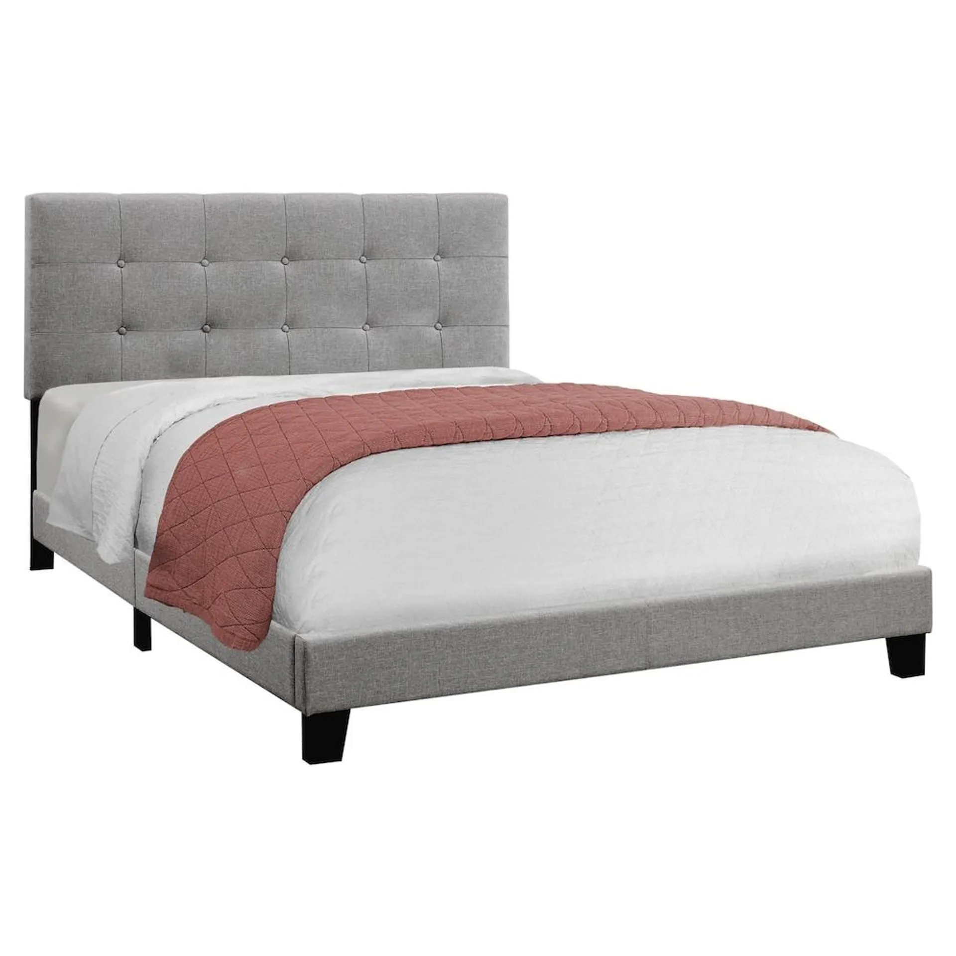 Bed, Queen Size, Platform, Bedroom, Frame, Upholstered, Linen Look, Wood Legs, Grey, Transitional