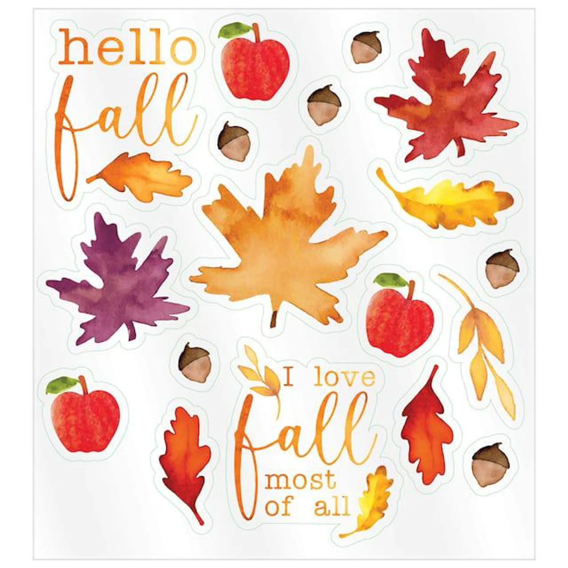 "Hello Fall" Assorted Vinyl Wall Cling Decals, Multi-Coloured, 18-pk, Indoor Decoration for Fall