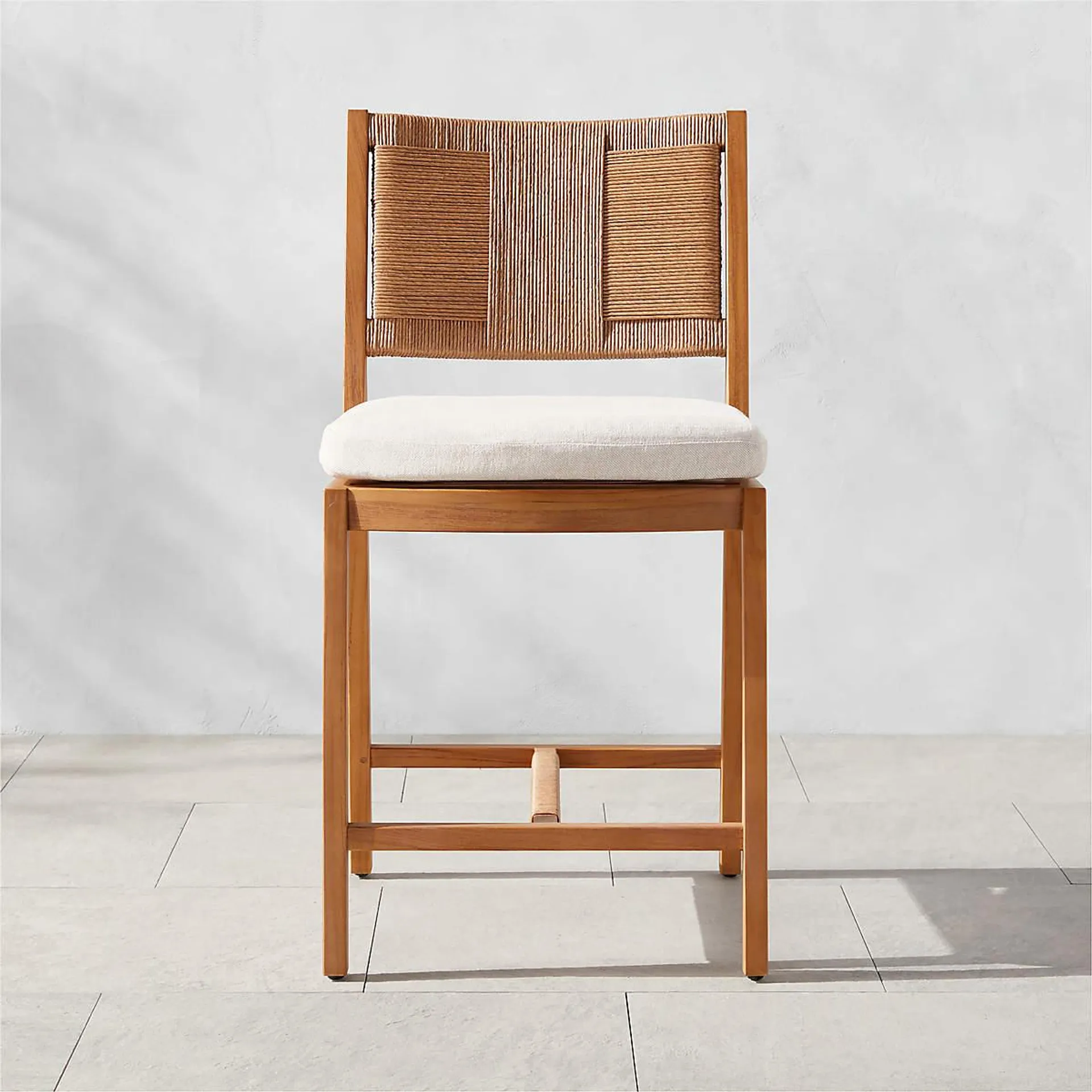 Roc Teak and Rattan Outdoor Counter Stool with Ivory Sunbrella® Cushion by Ross Cassidy