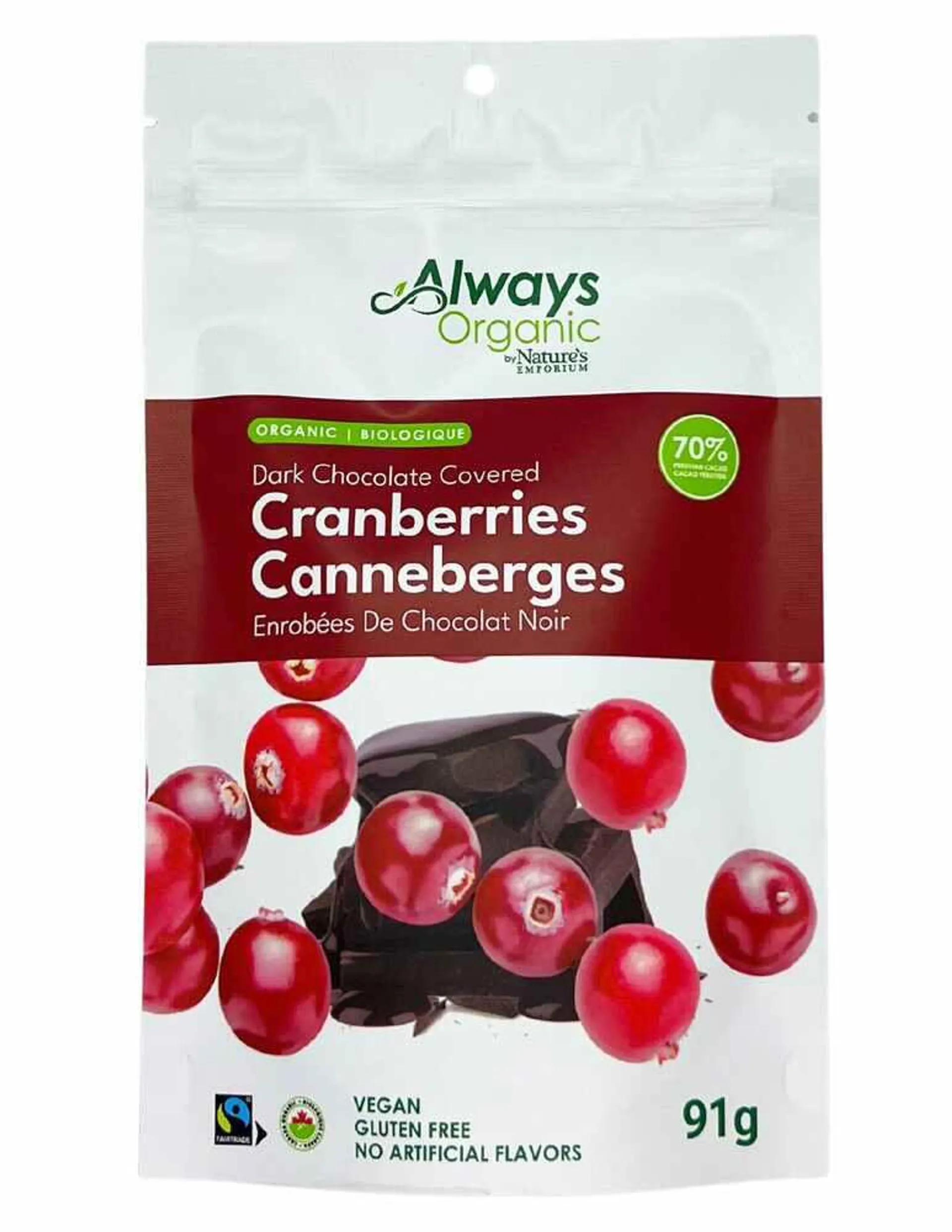 Always Organic Chocolate Covered Cranberries 91 g