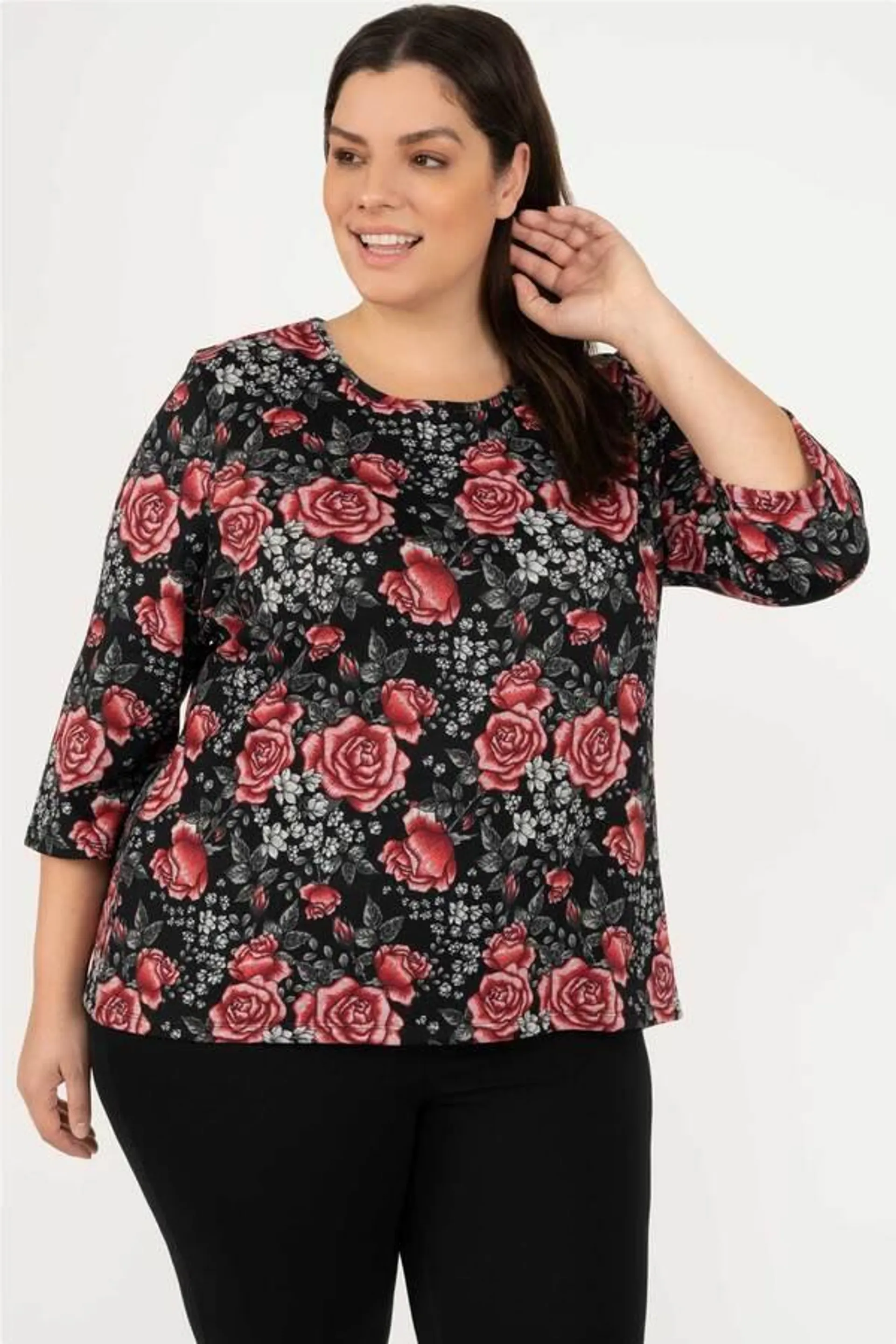 Crew-neck floral print blouse - Red roses