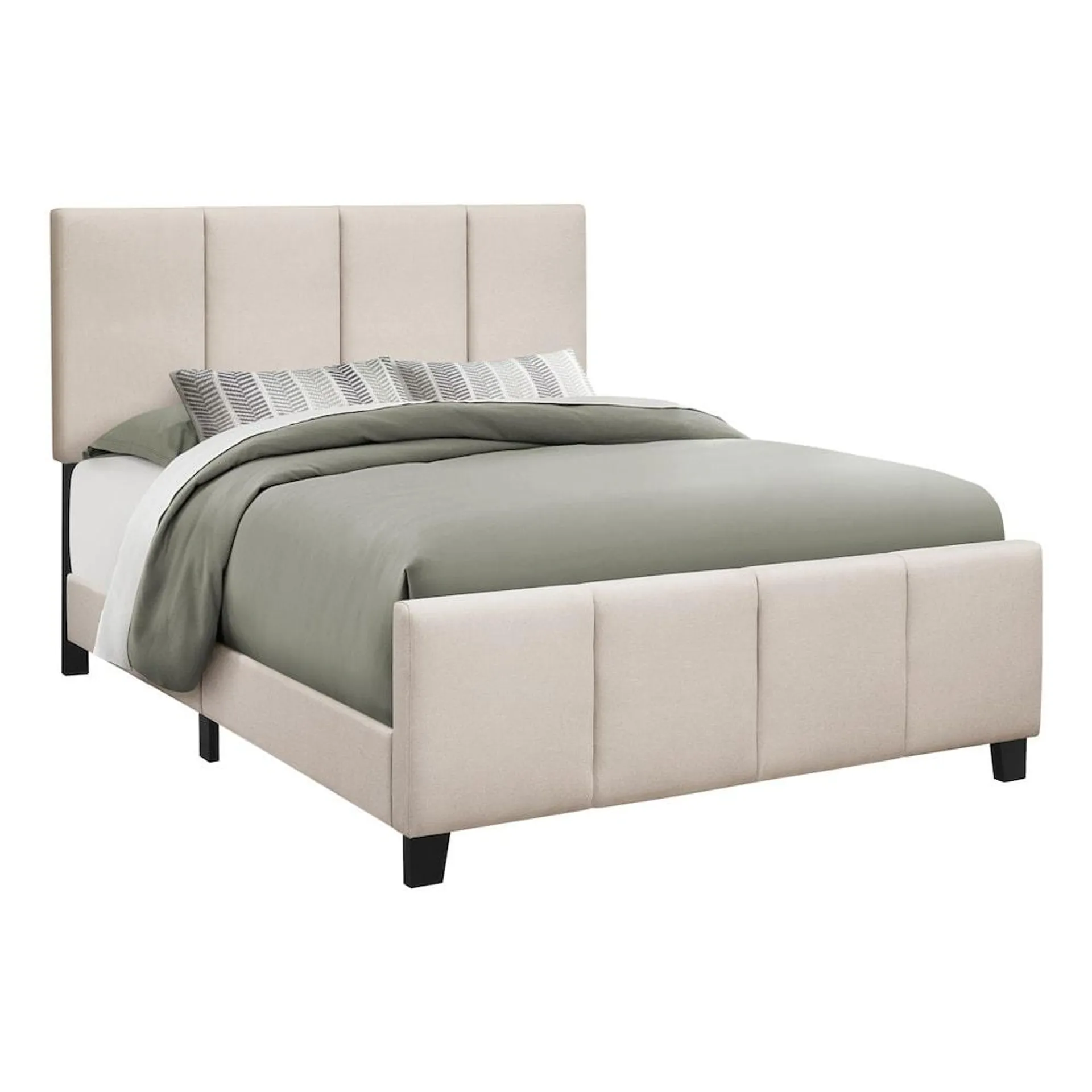 Bed, Queen Size, Platform, Bedroom, Frame, Upholstered, Linen Look, Wood Legs, Beige, Black