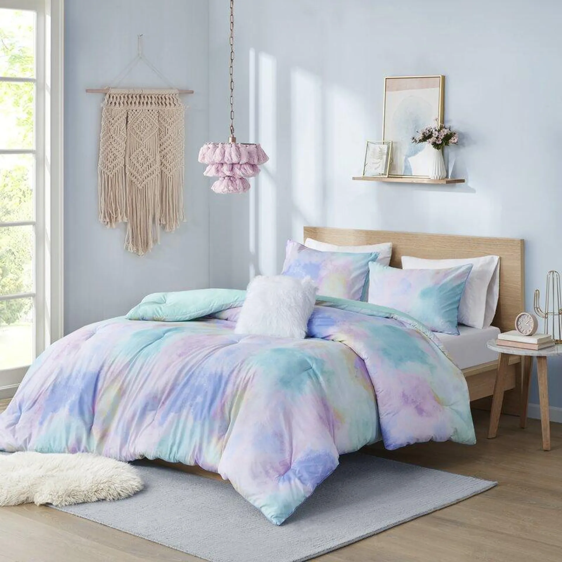 Cassiopeia Watercolor Tie Dye Printed Comforter Set with Throw Pillow