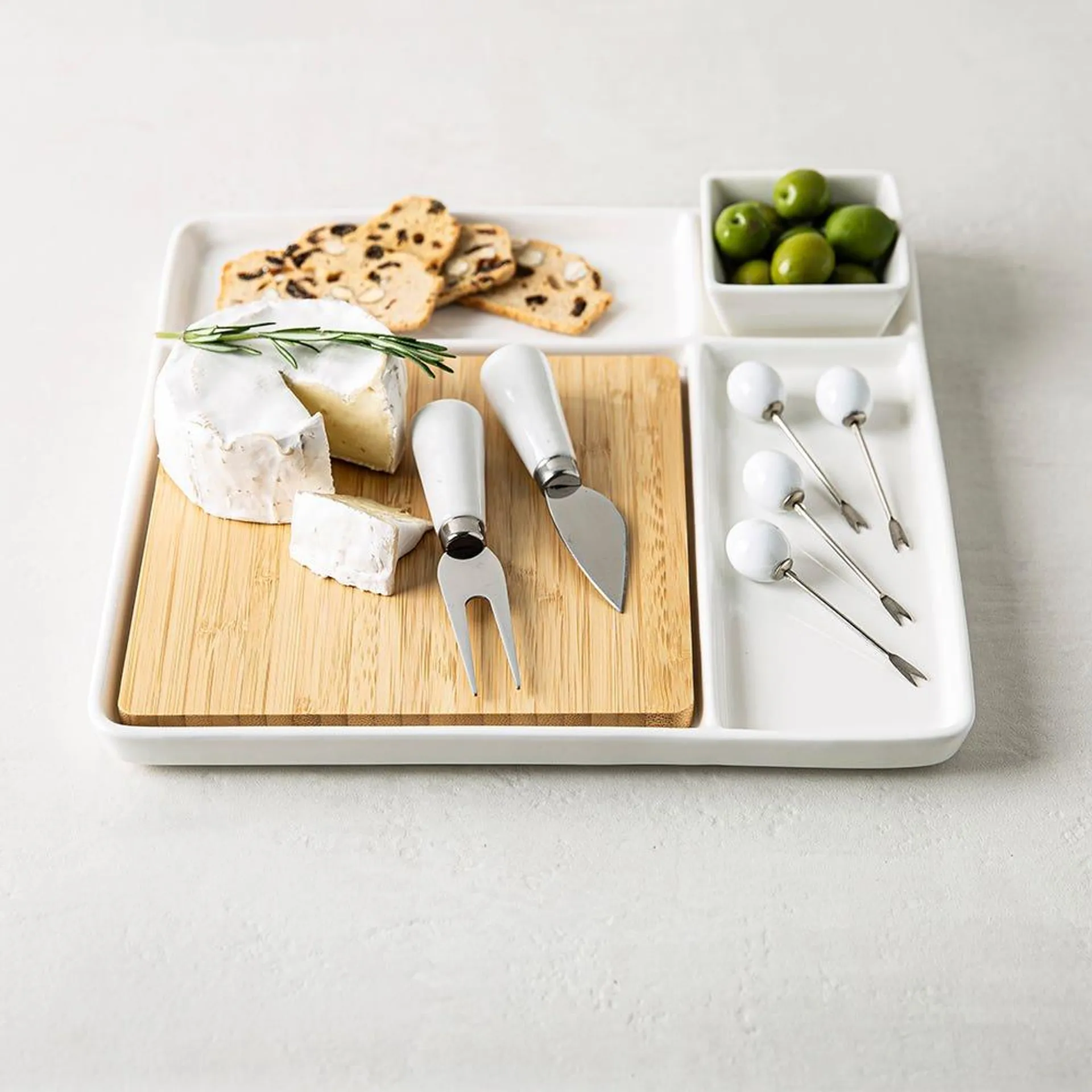 KSP Bamboo Porcelain Serve Platter - Set of 9 (White/Natural)