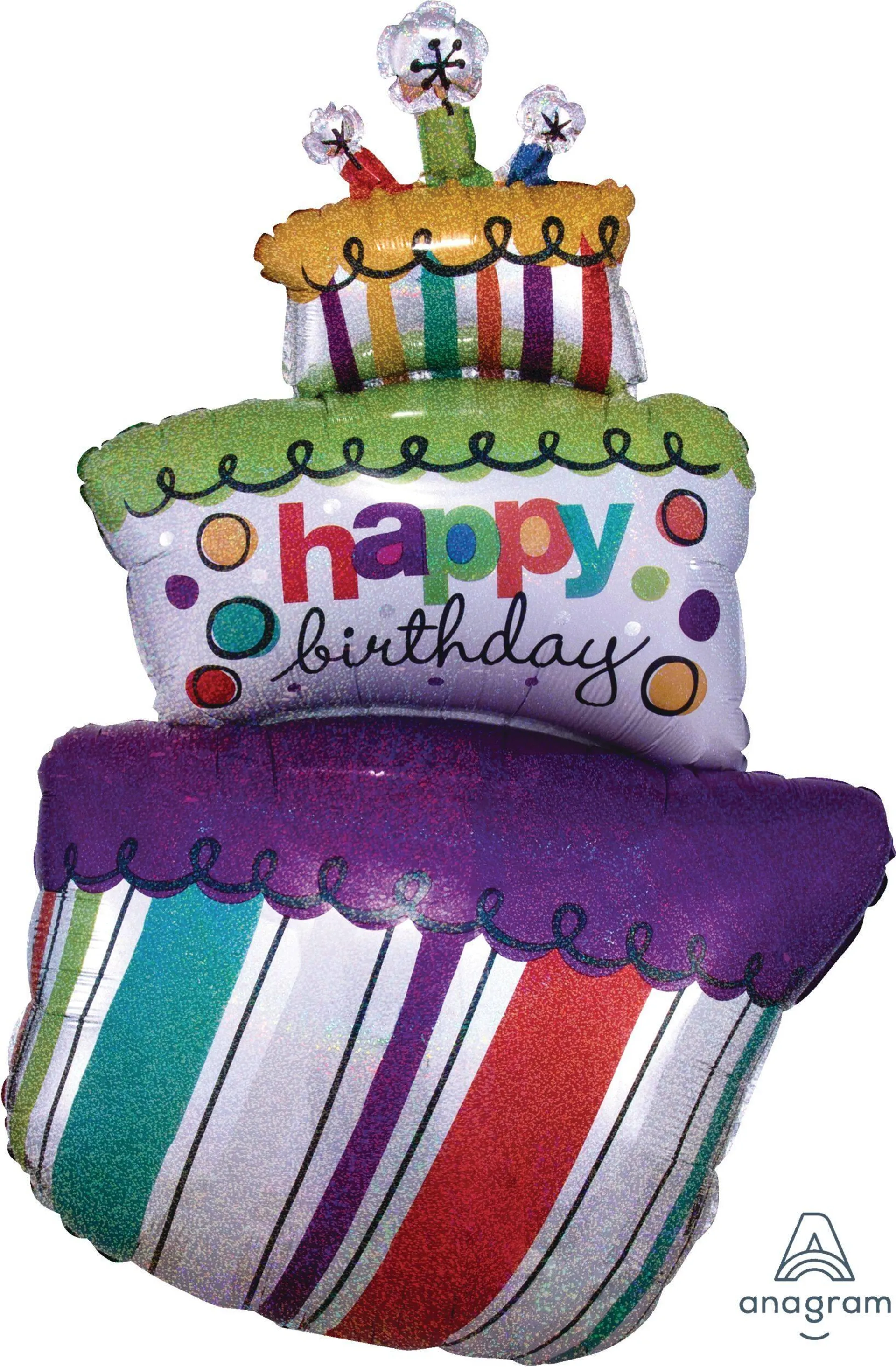 "Happy Birthday" Birthday Cake Satin Foil Balloon, Multi-Coloured, Striped, 37-in, Helium Inflation & Ribbon Included for Birthday Party