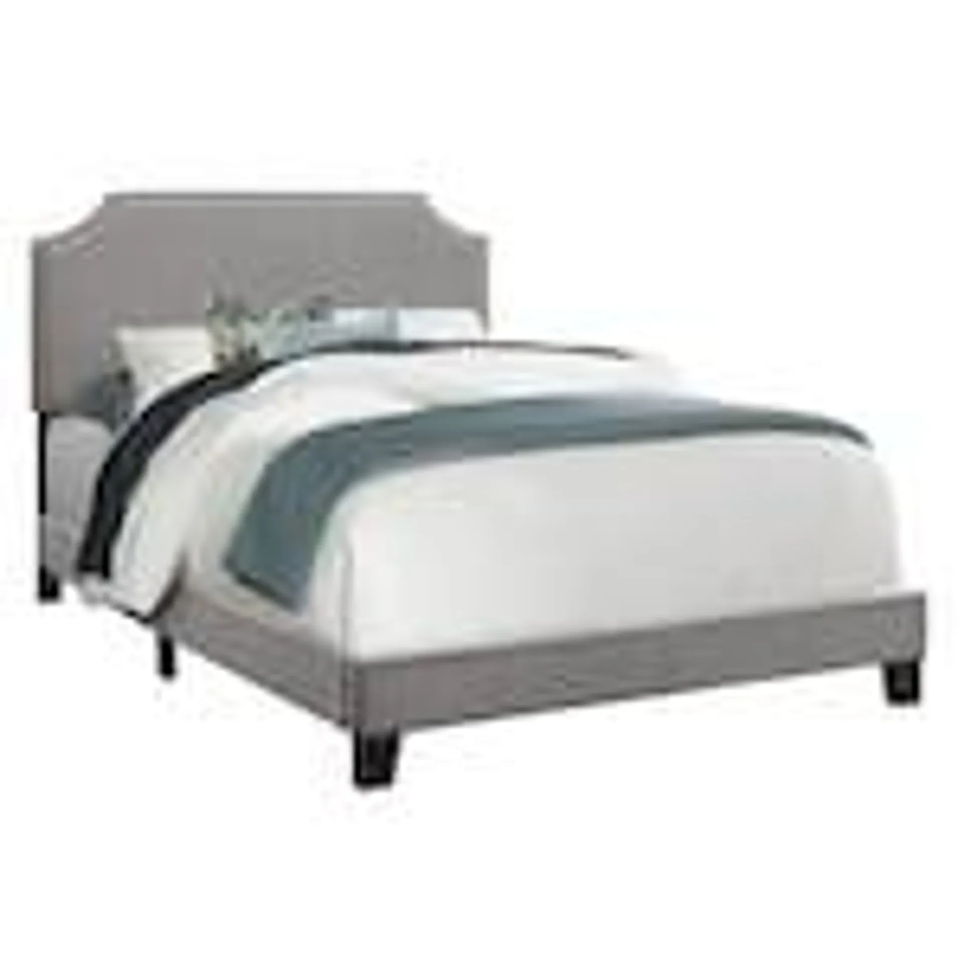 Bed, Full Size, Platform, Bedroom, Frame, Upholstered, Linen Look, Wood Legs, Grey, Chrome