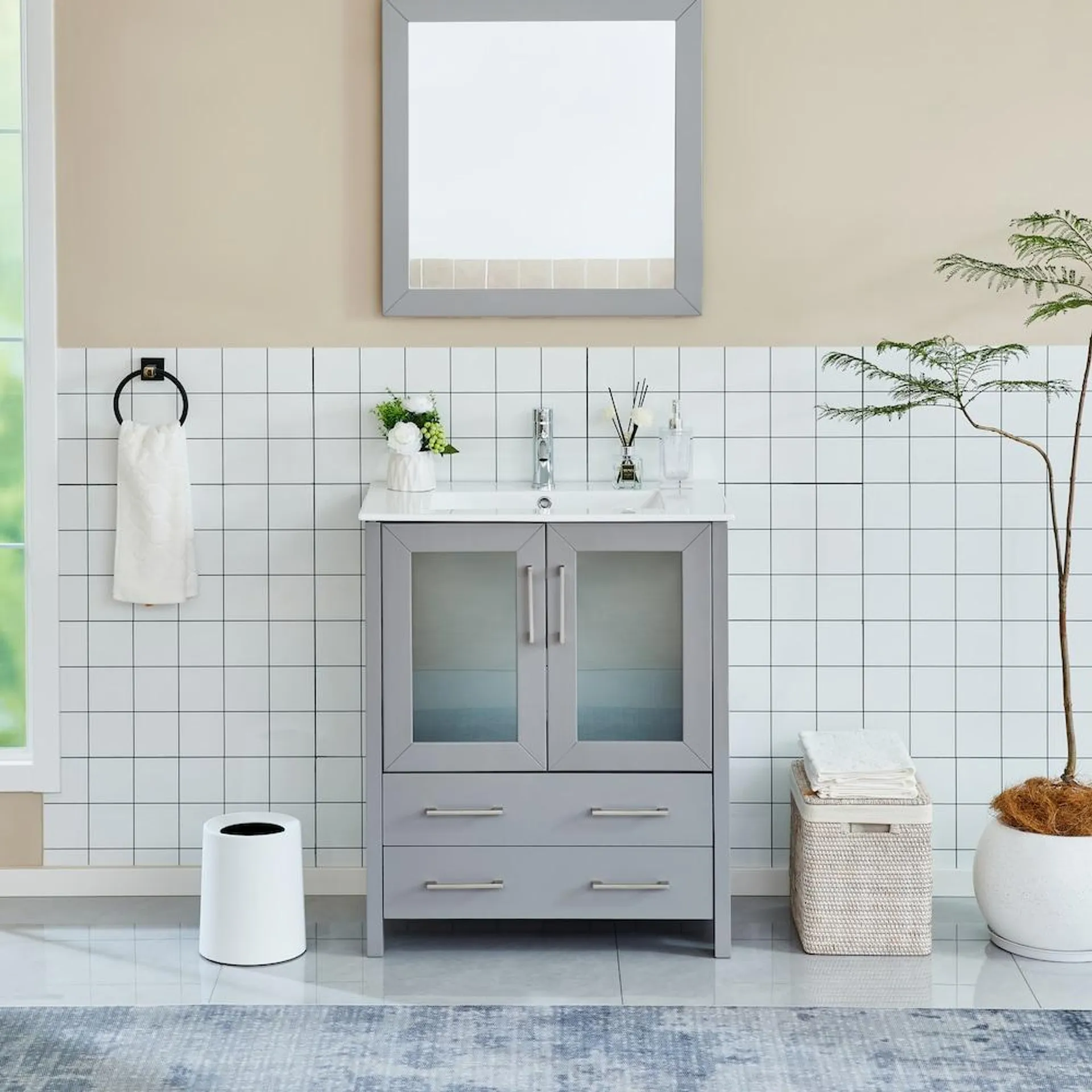 Brescia 30 inch Bathroom Vanity in Grey with Single Basin Vanity Top in White Ceramic and Mirror