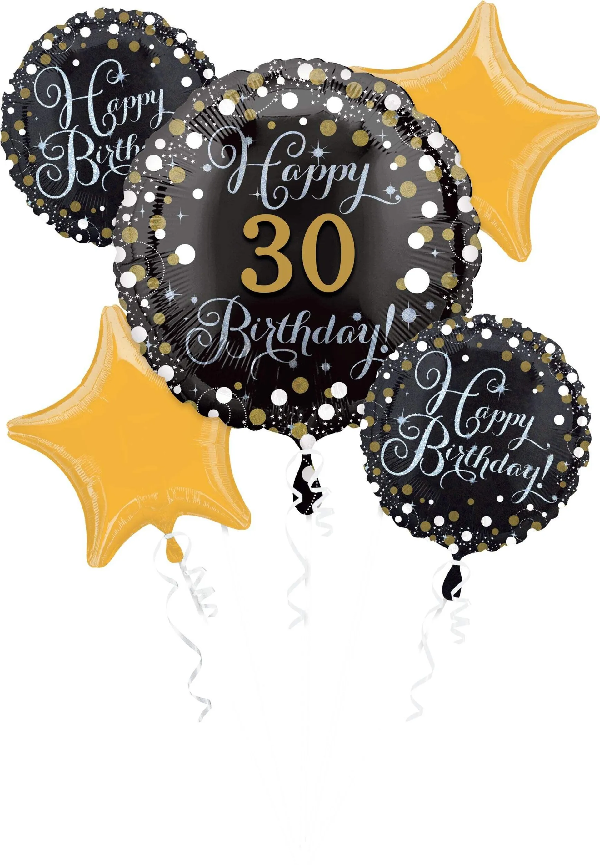 Sparkling Celebration "Happy 30th Birthday" Star Satin Foil Balloon Bouquet, Black/Gold, 5-pk, Helium Inflation & Ribbon Included for Birthday Party