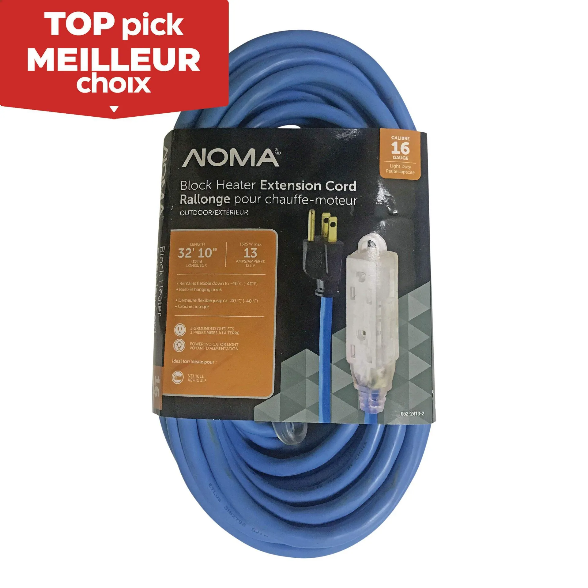 NOMA 32-ft 10-in 16/3 13 Amp All-Weather Block Heater Cord with Lighted End, Blue