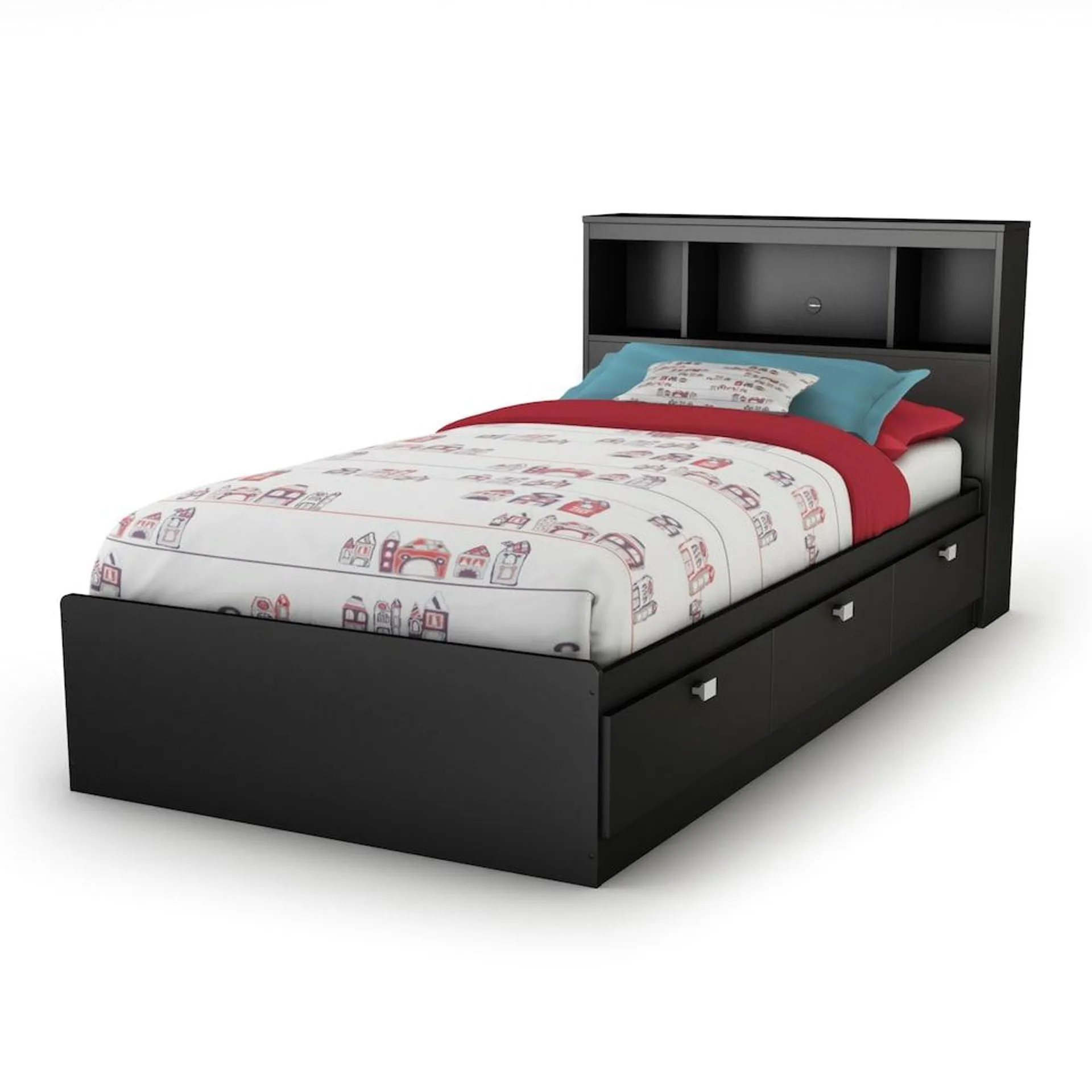 Spark 41 in. x 85 in. x 36.25 in. Twin Storage Bed and Bookcase Headboard Set in Pure Black