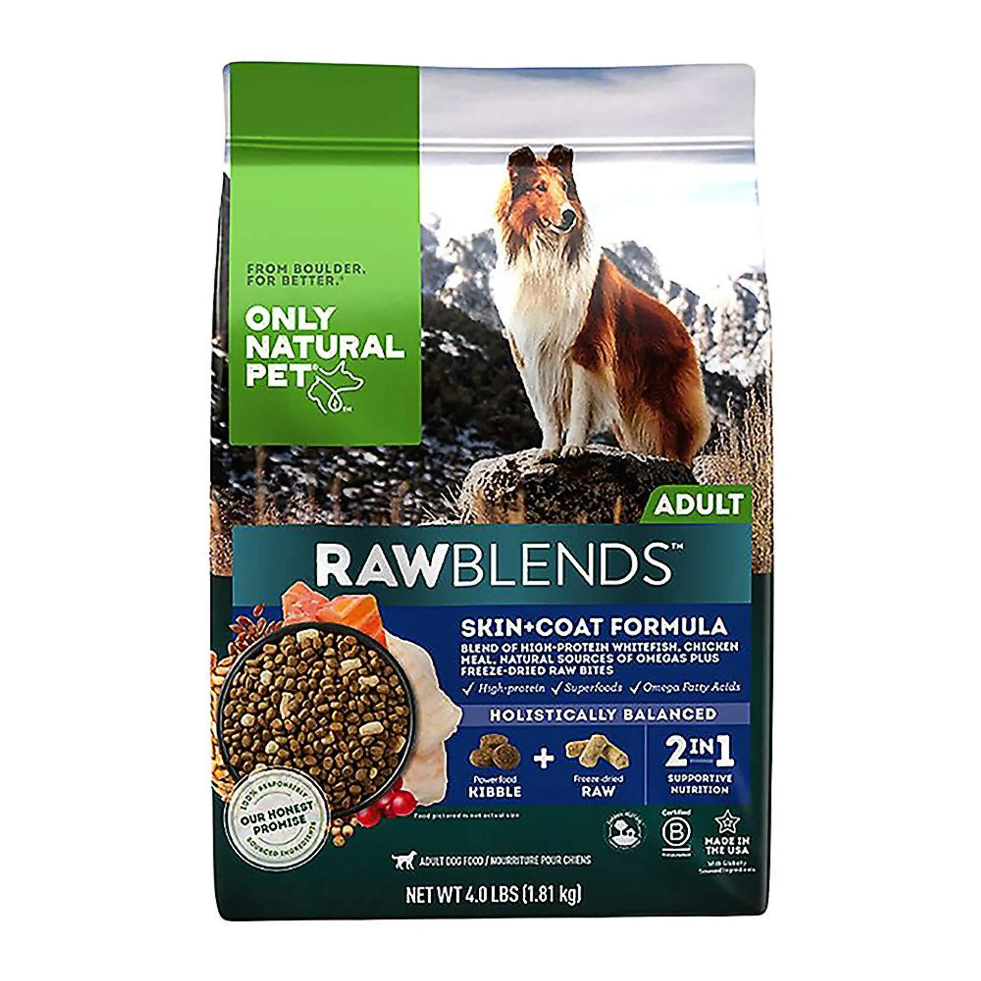 Only Natural Pet RawBlends Adult Dog Food - Kibble With Raw Bites, Skin + Coat Formula