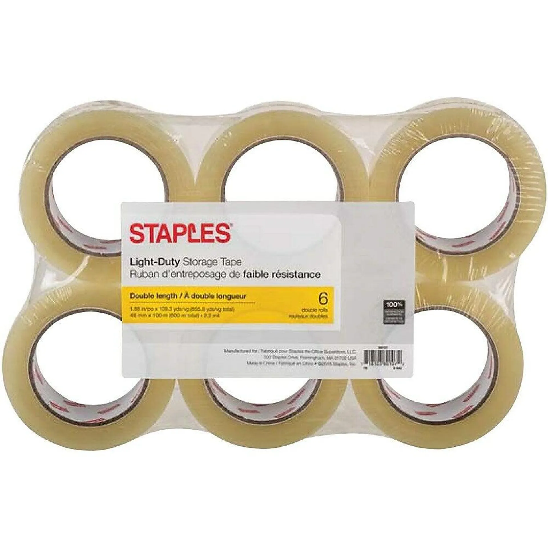 Staples Double-Length Packaging Tape, 48 mm x 100m, 2.2-mil, 6 Pack