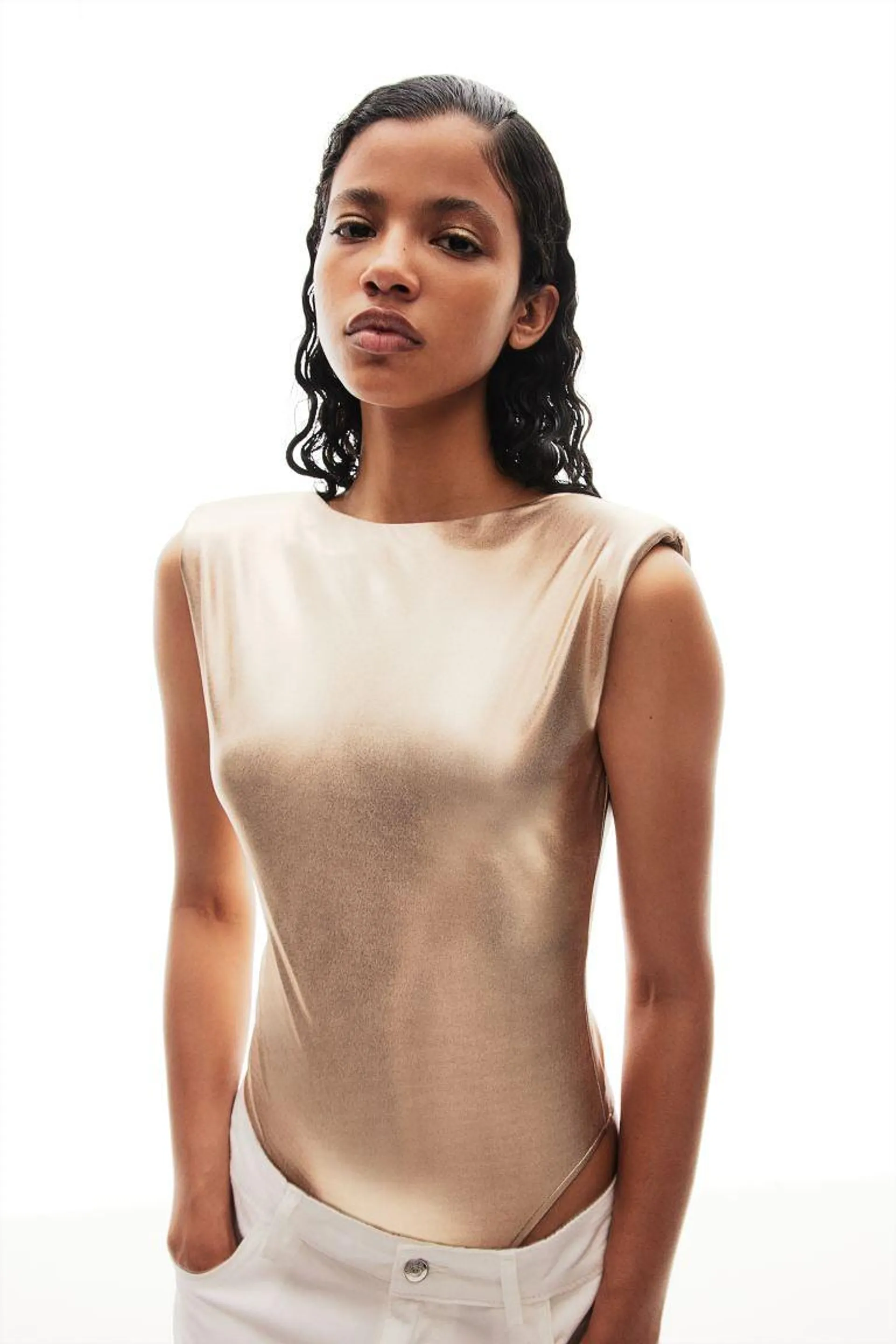 Shimmery Metallic Bodysuit with Shoulder Pads