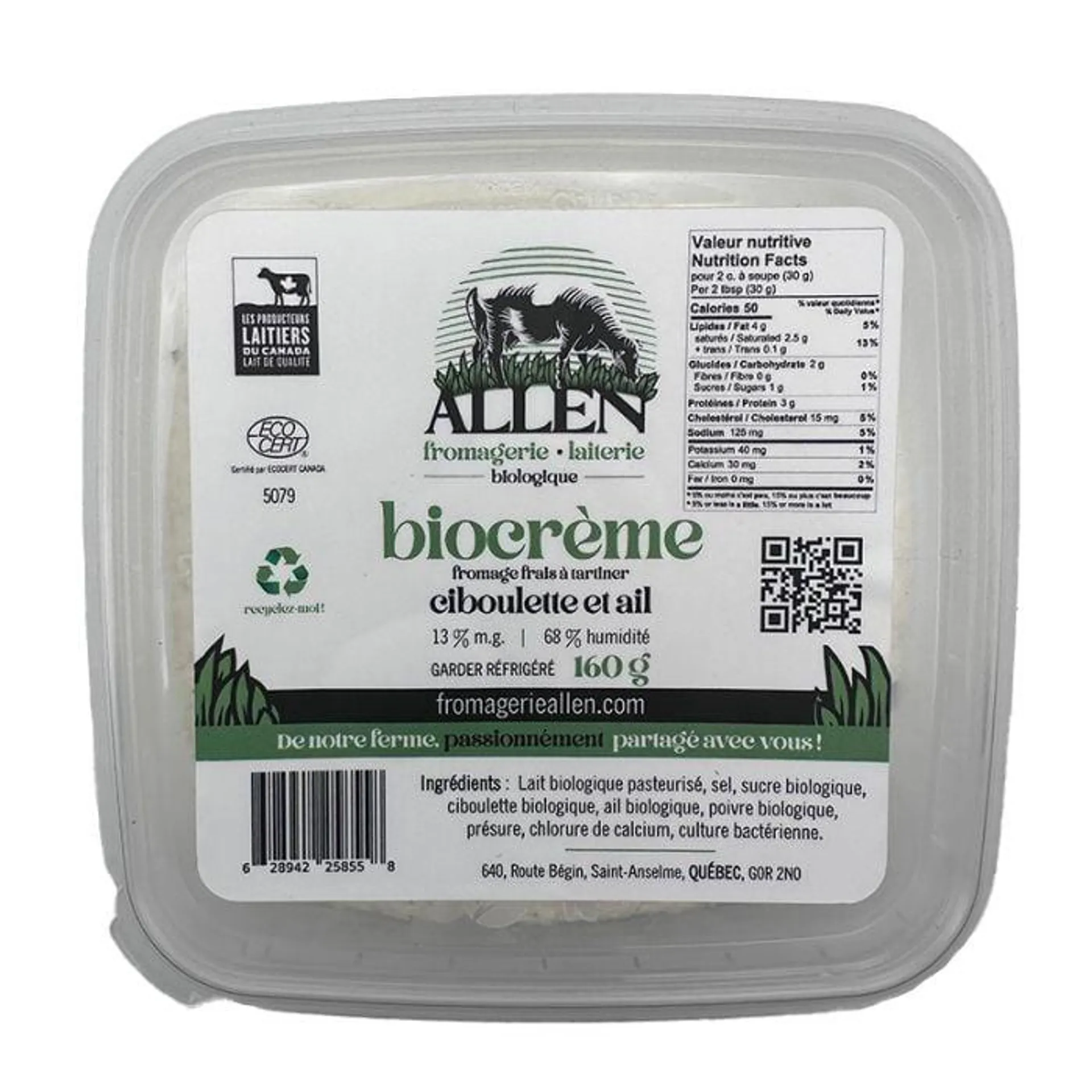 Fromage à tartiner Biocrème ciboulette ail biologique