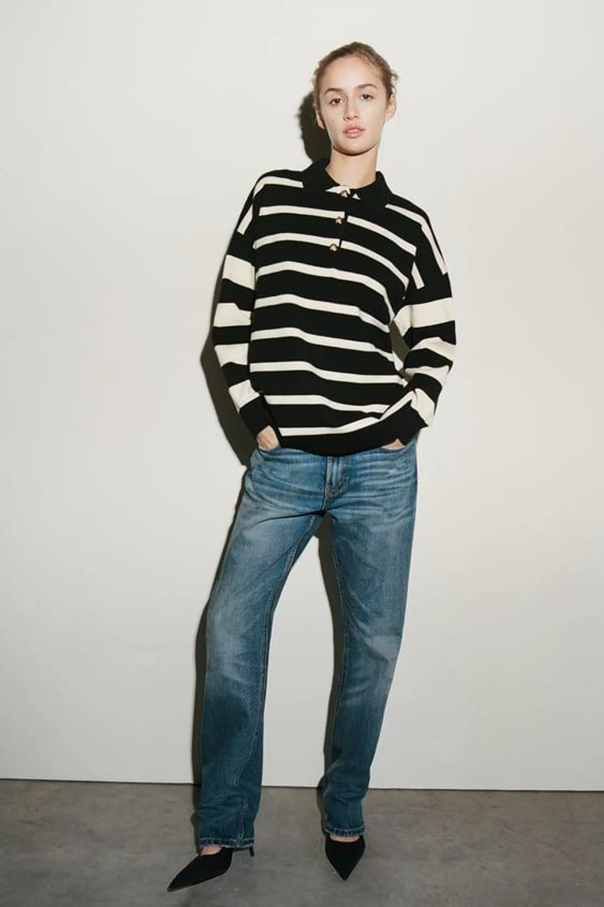 STRIPED KNIT POLO SWEATER