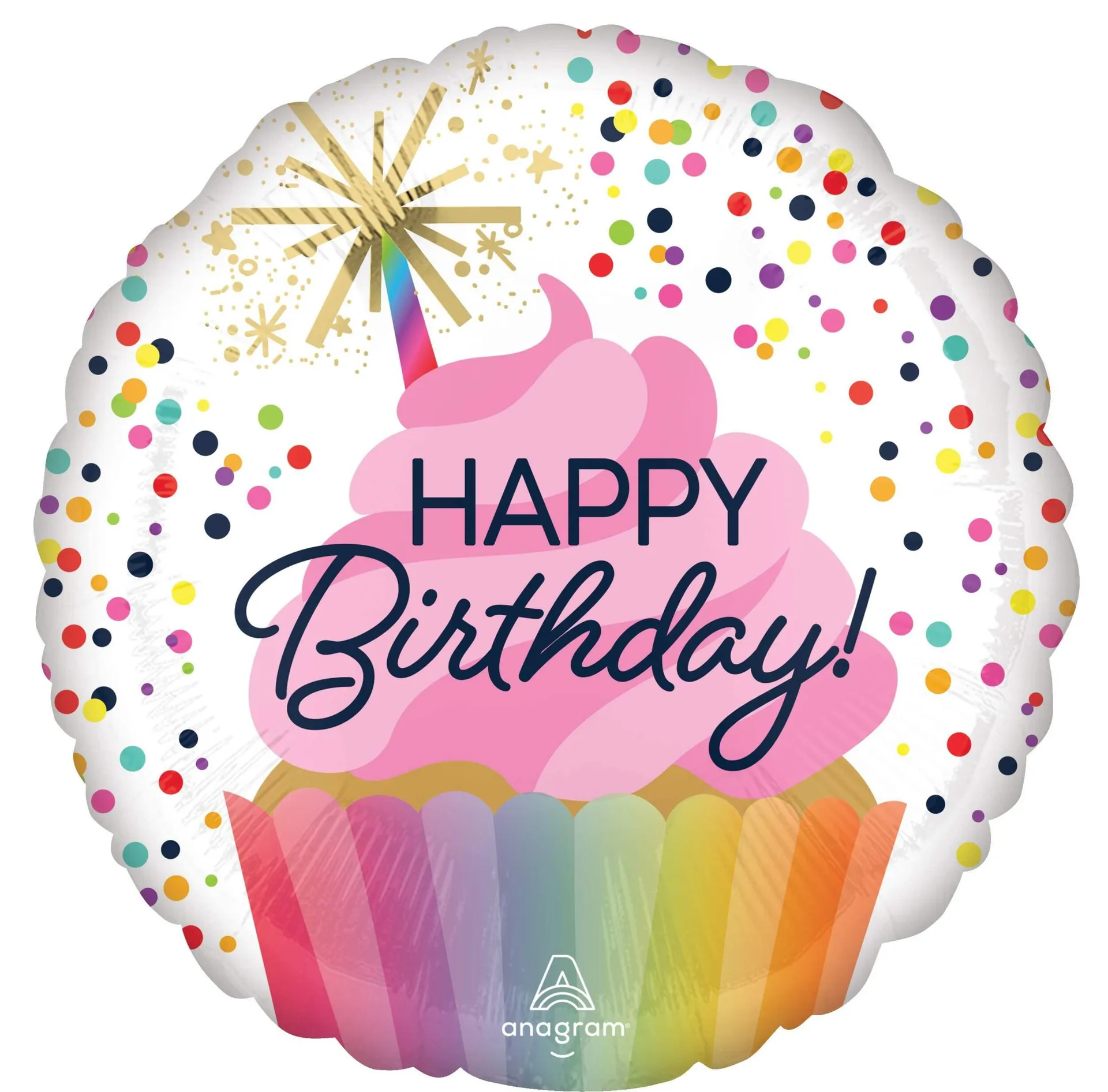 "Happy Birthday" Round Satin Foil Balloon, Multi-Coloured, Cupcake, 18-in, Helium Inflation & Ribbon Included for Birthday Party