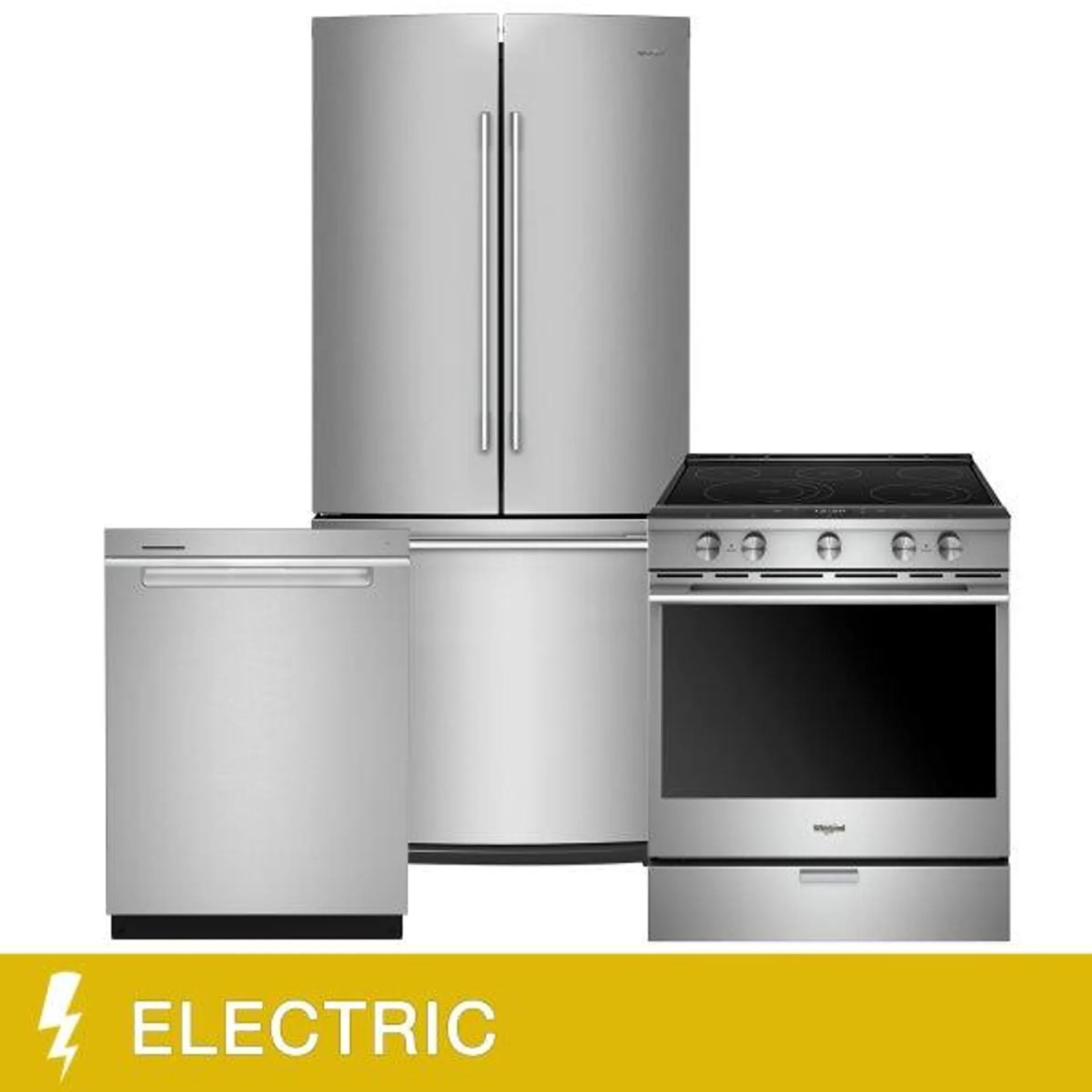 Whirlpool 3-piece Stainless Steel Kitchen Suite with 30 in 19.7 cu ft. French Door Refrigerator and 30 in 6.4 cu ft. Electric Slide-in Range