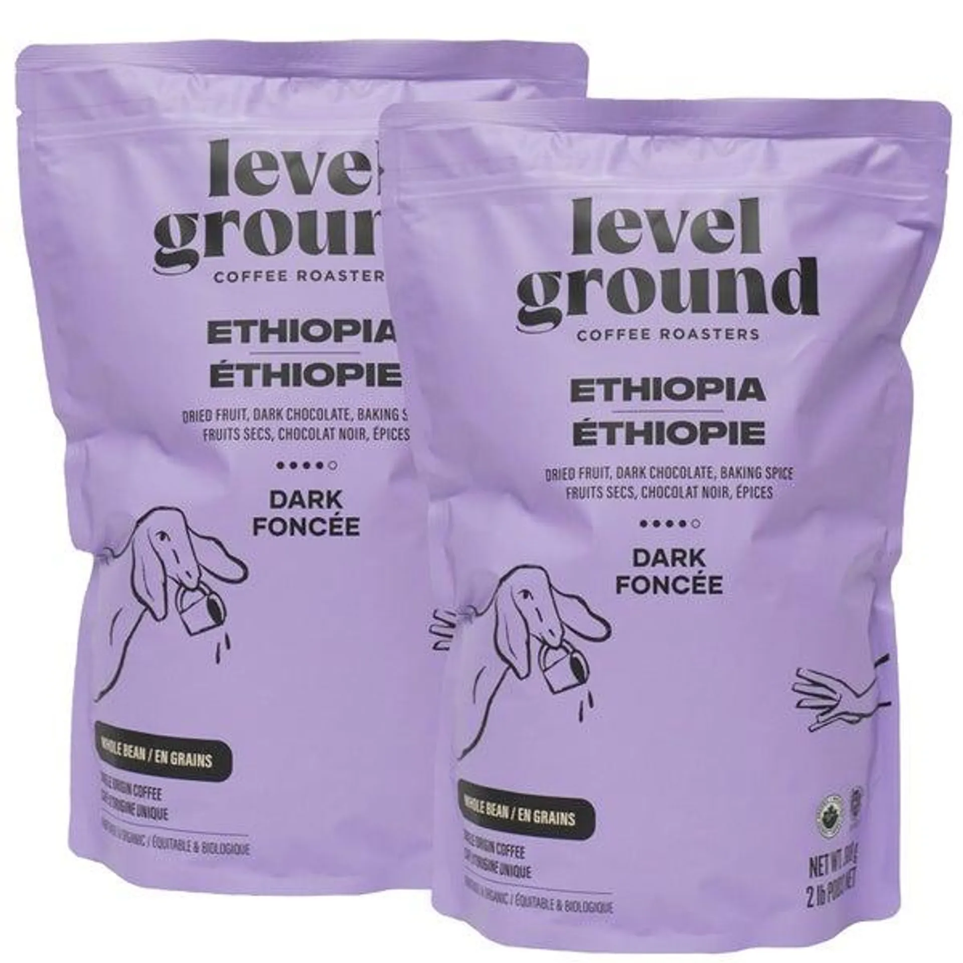 Level Ground Ethiopia Dark Roast Organic Whole Bean Coffee, 2 × 908g