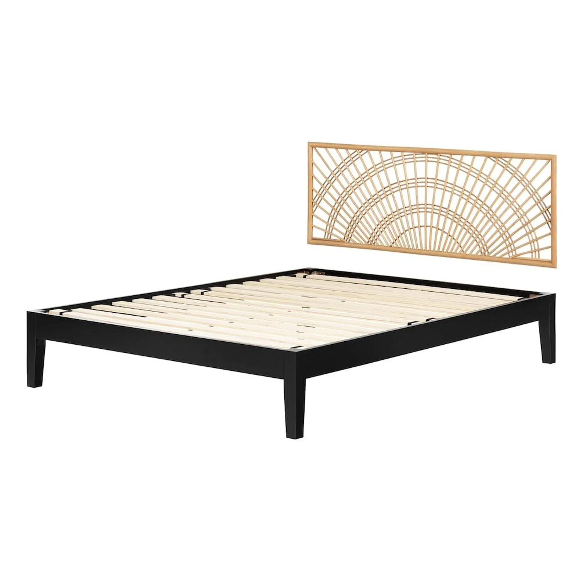 Balka 63 in. x 82.5 in. x 38 in. Wooden Bed and Rattan Wall-Mounted Headboard Set Black and Natural