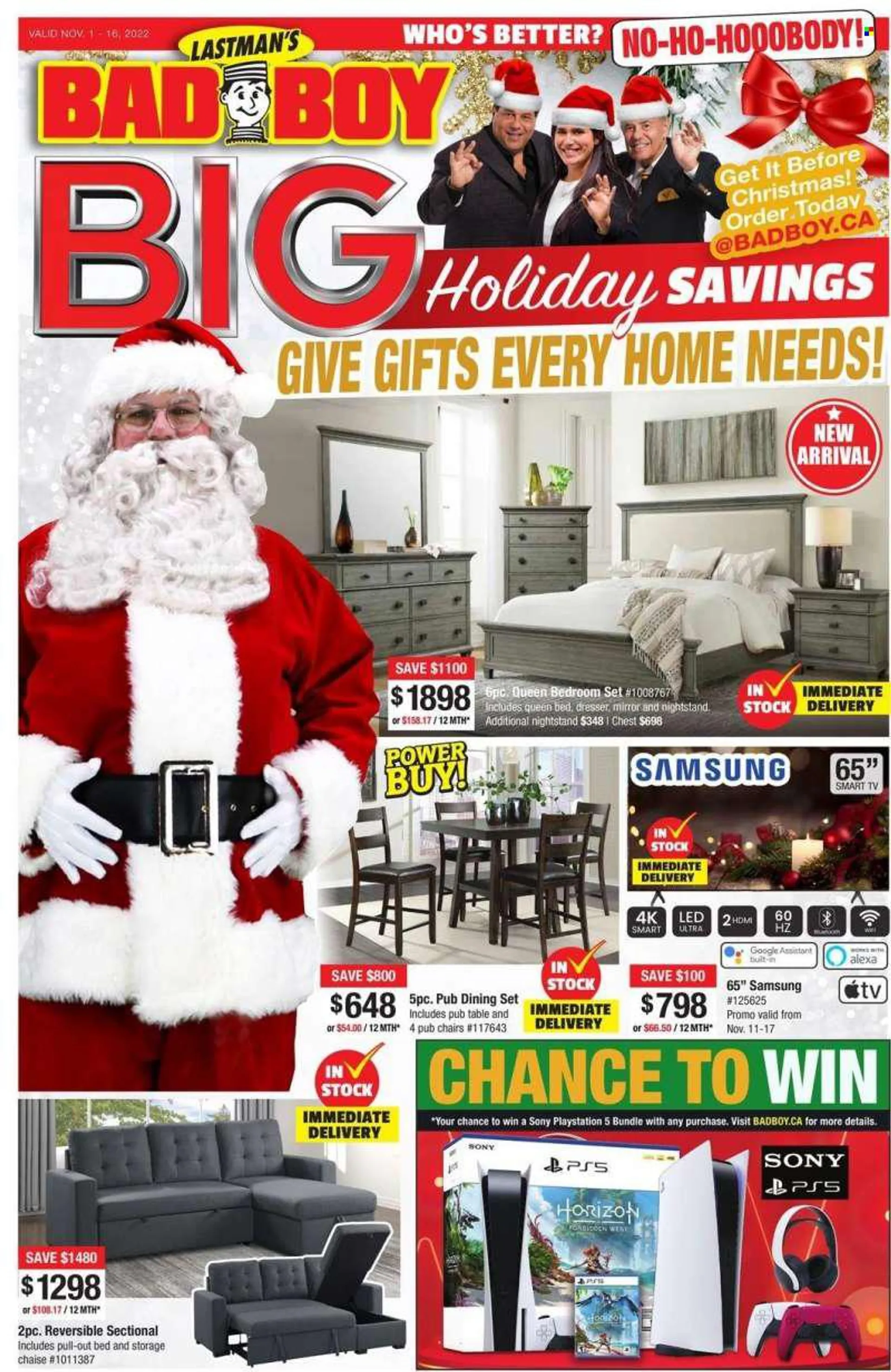 Bad Boy Superstore Flyer - November 01, 2022 - November 16, 2022 - Sales products - Sony, chair, Samsung, PlayStation, PlayStation 5, TV, dining set, table, bed, queen bed, dresser, nightstand, mirror, smart tv. Page 1.