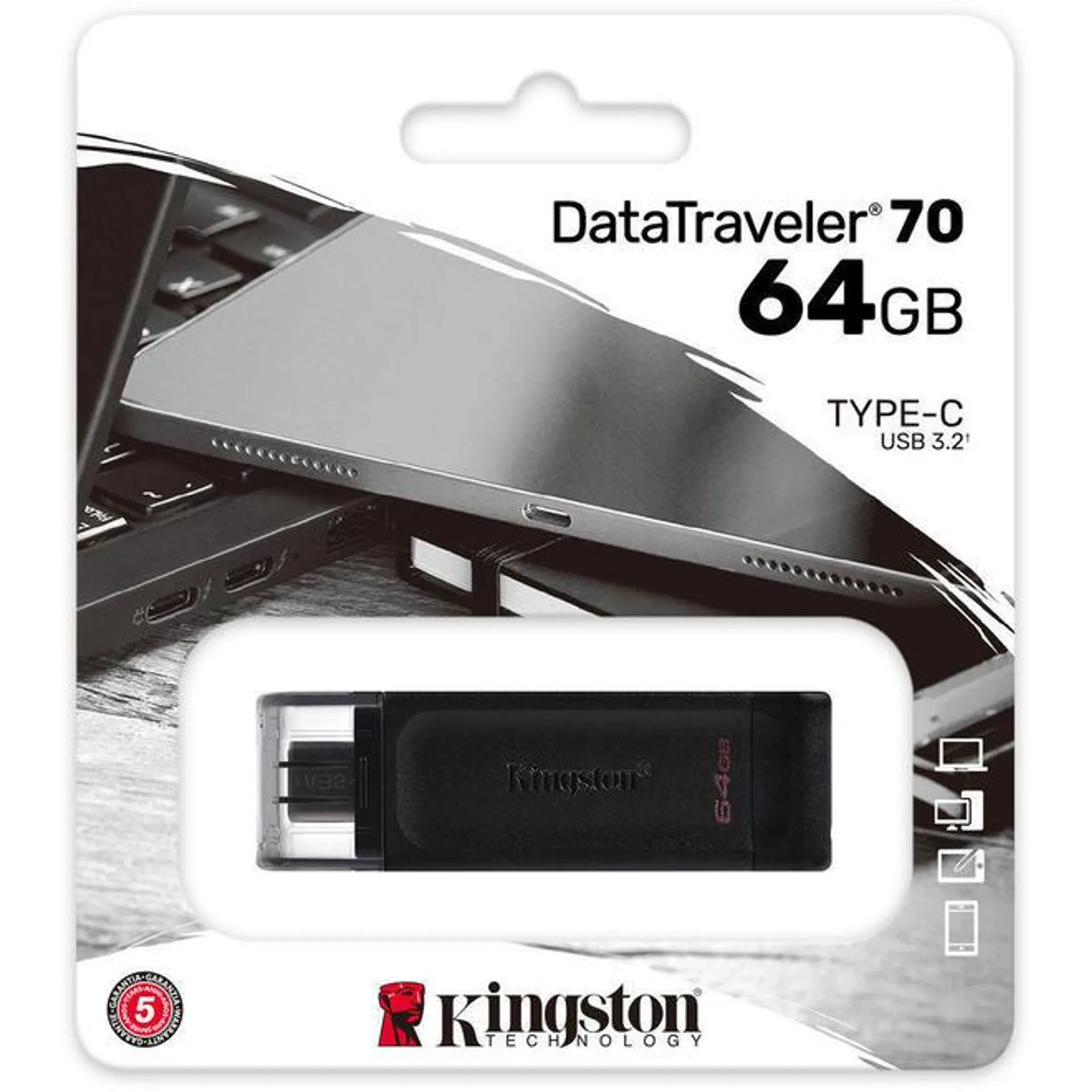 Kingston DataTraveler 70 USB-C Flash Drive 64 GB - USB 3.2 (Gen 1) Type C - Black