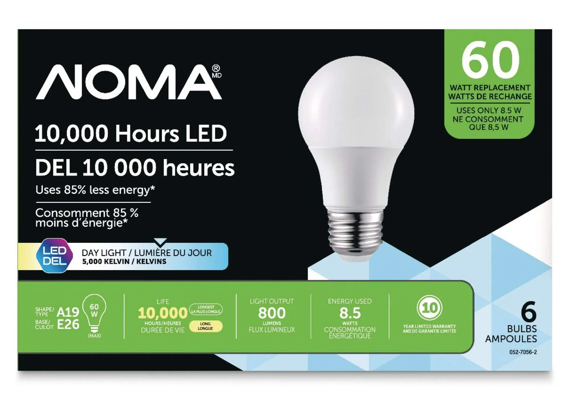 NOMA A19 E26 Base Household Non-Dimmable LED Light Bulbs, 5000K, 800 Lumens, Daylight, 60W, 6-pk