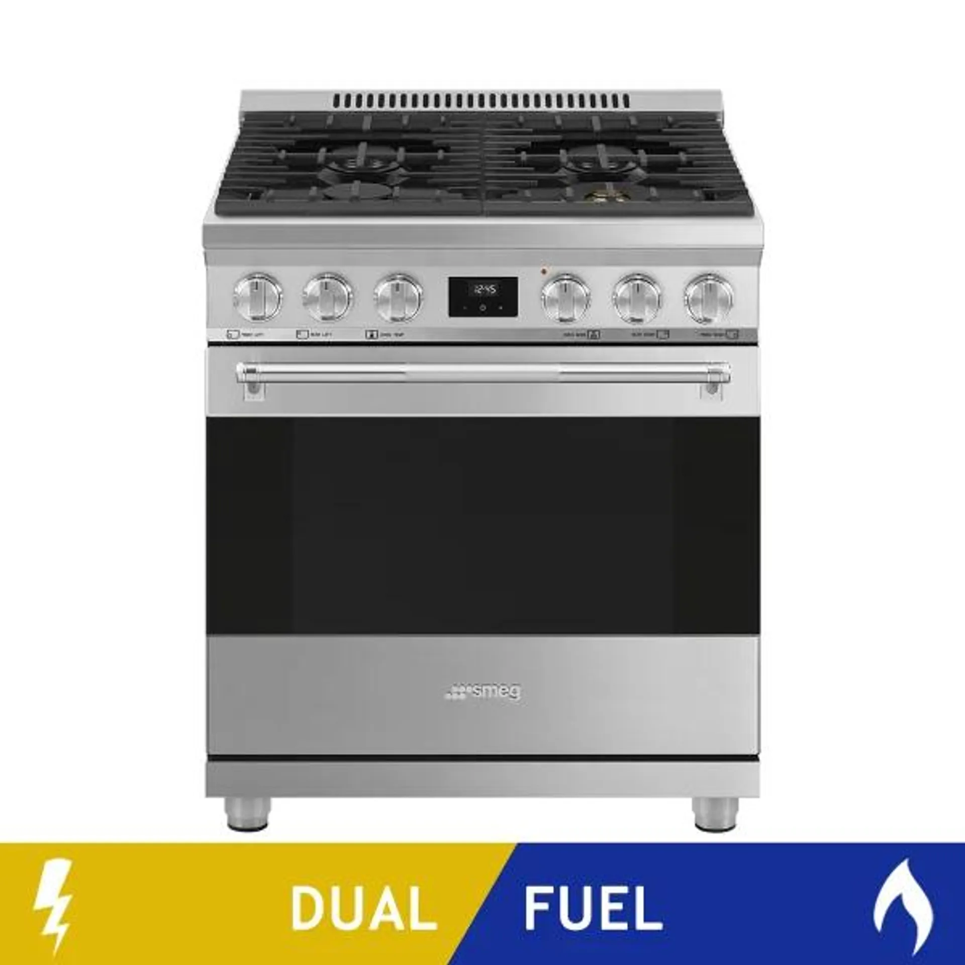 SMEG 30 in. 4.56 cu ft. Stainless Steel Dual Fuel 4 Burner Range with True European Convection