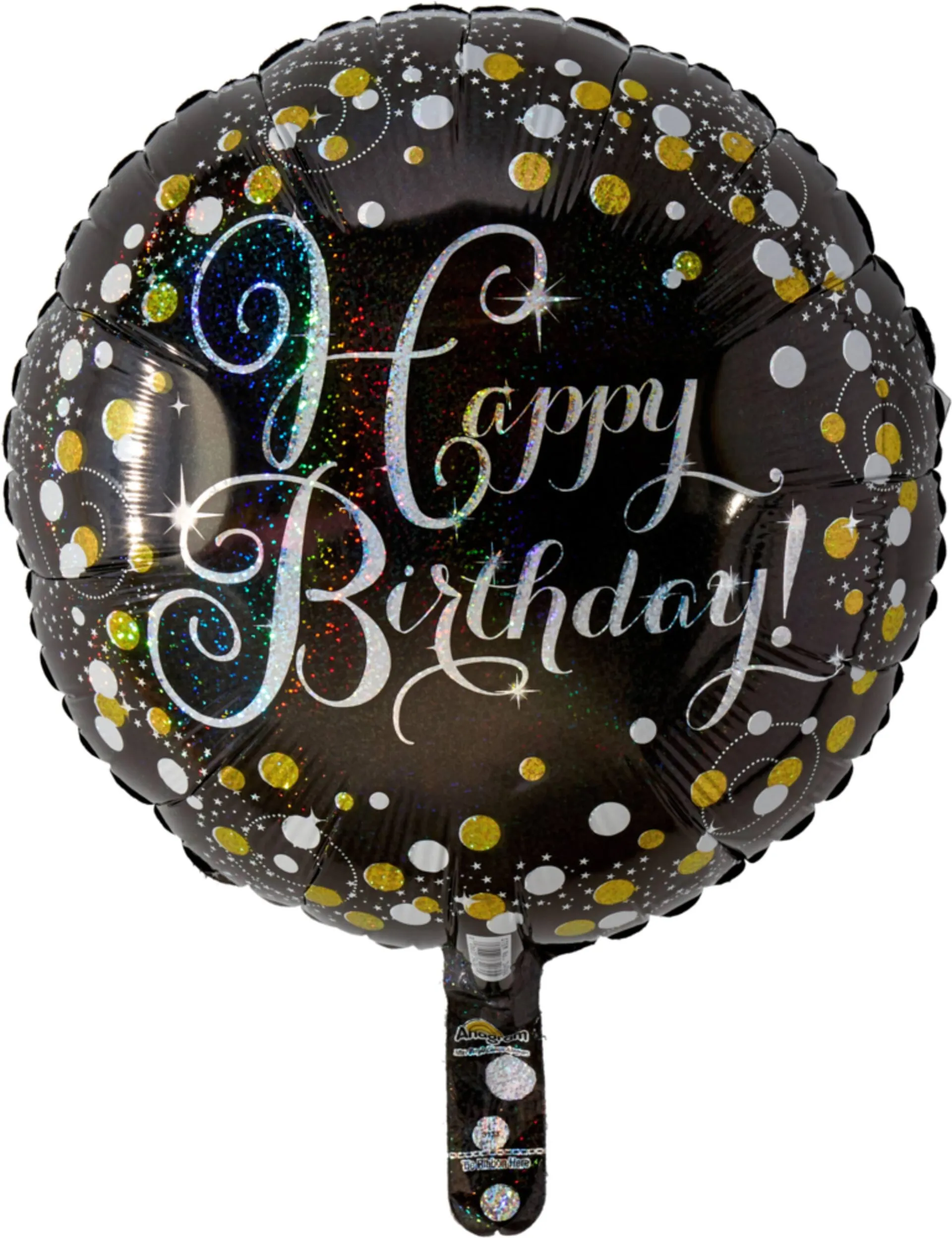 Sparkling Celebration "Happy Birthday" Round Satin Foil Balloon, Black/Gold, Polka Dot, 18-in, Helium Inflation & Ribbon Included for Birthday Party