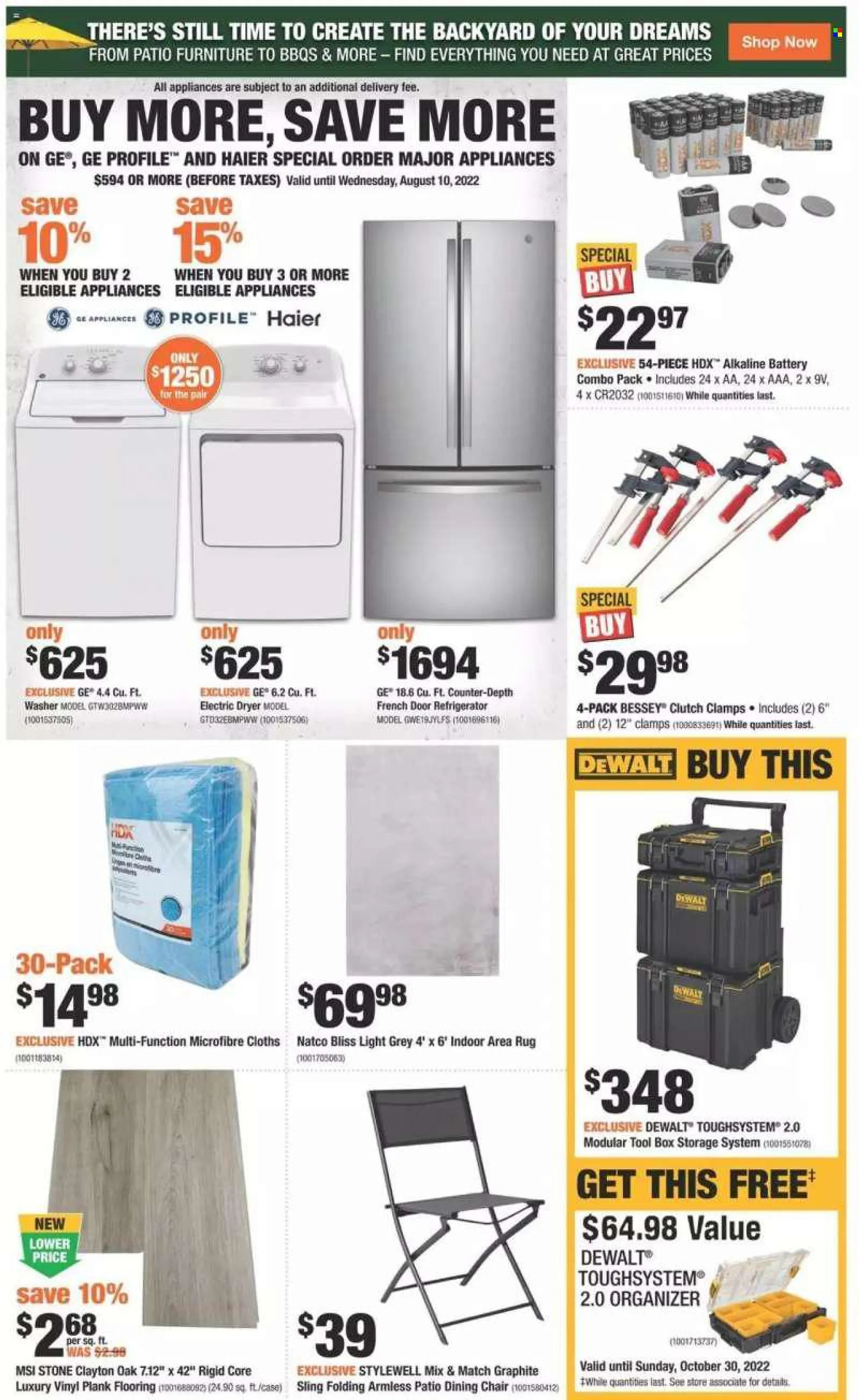The Home Depot Flyer - August 04, 2022 - August 10, 2022 - Sales products - chair pad, french door refrigerator, refrigerator, washing machine, electric dryer, chair, dining chair, Patio, patio furniture, flooring, rug, area rug, DeWALT, tool box, Fila, H
