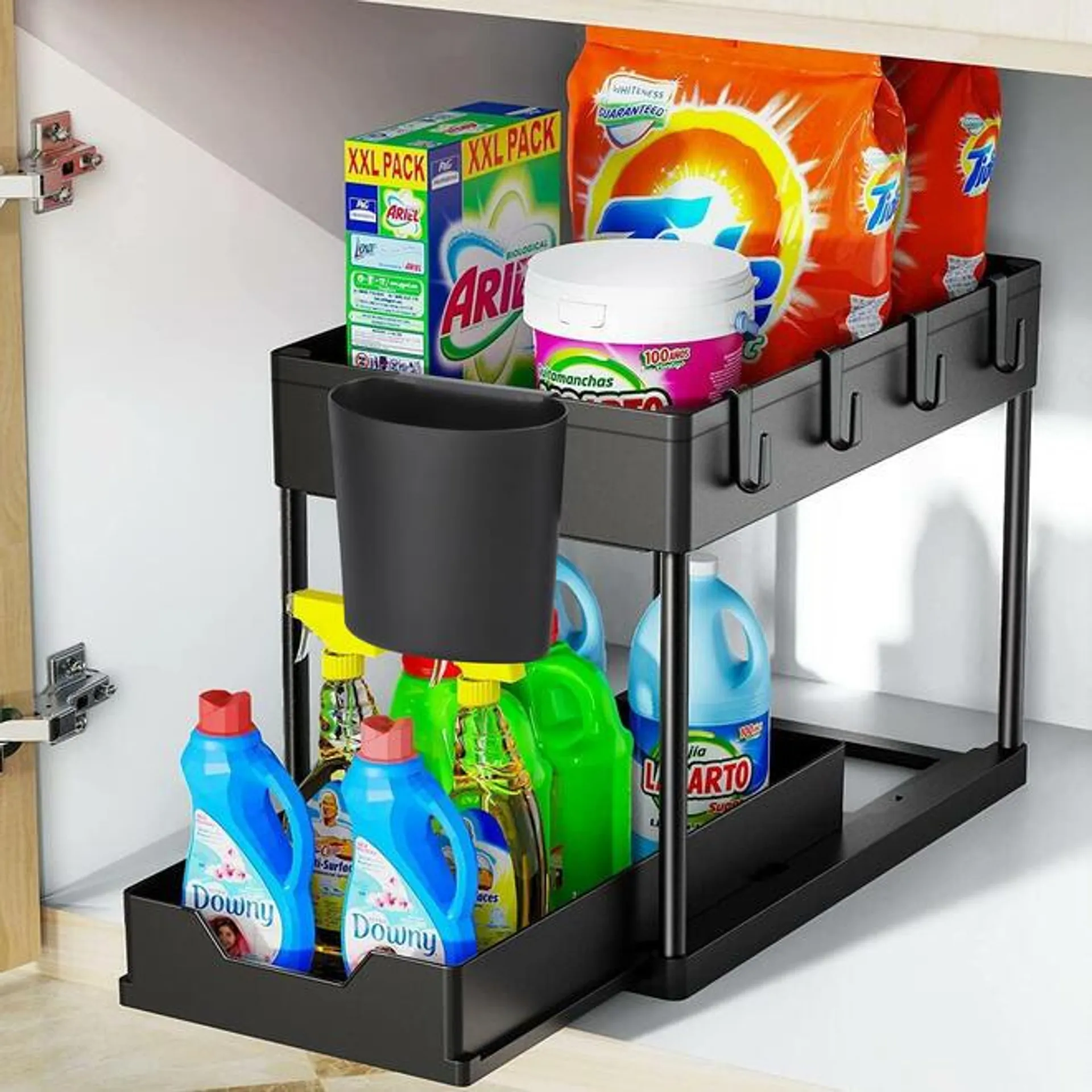 2-Tier Plastic Under Pull Out Sink Organizer with Hooks & Cups - STORA™ - Black - 1PC