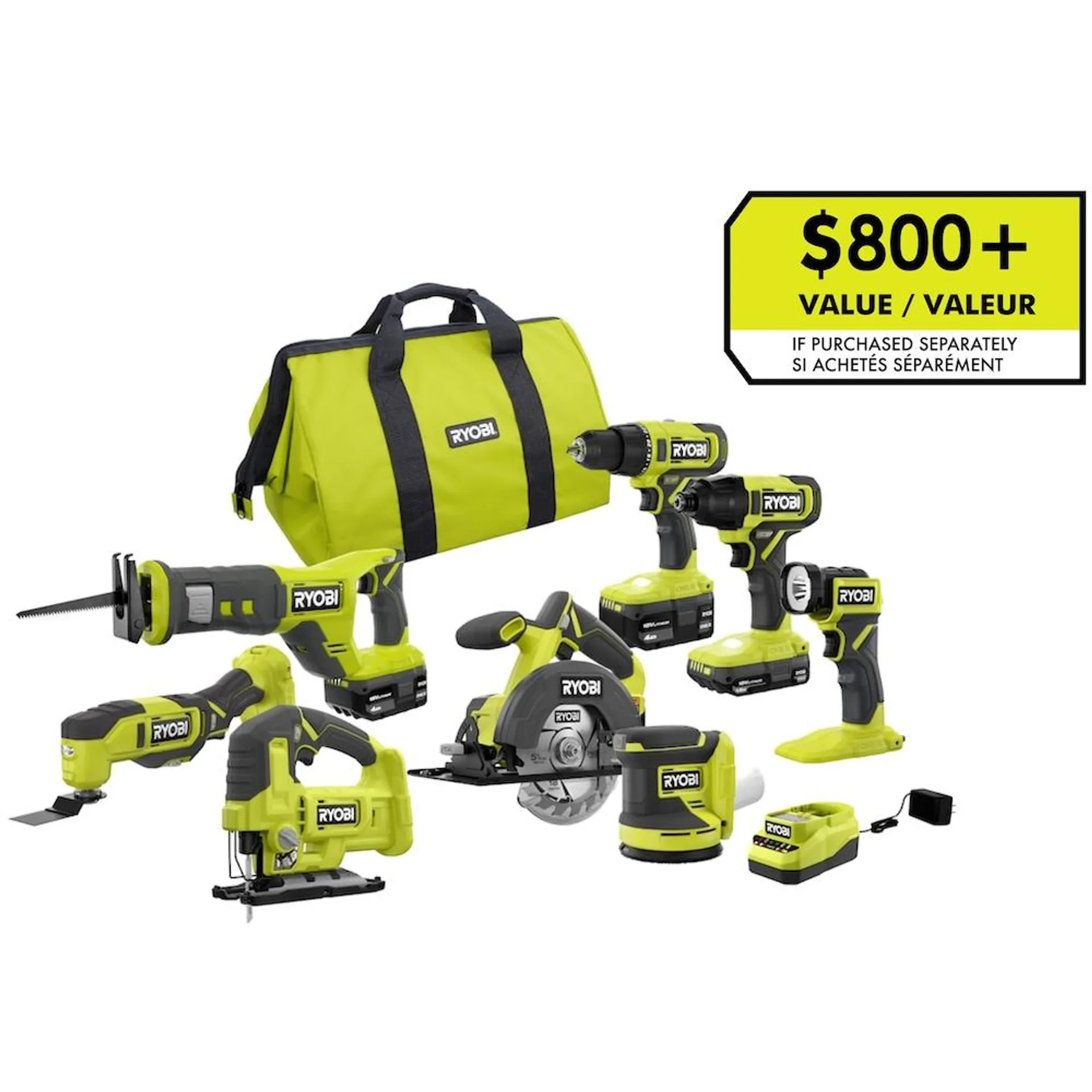 18V ONE+ Cordless Lithium-Ion 8-Tool Kit with (1) 1.5 Ah and (2) 4.0 Ah Batteries and Charger