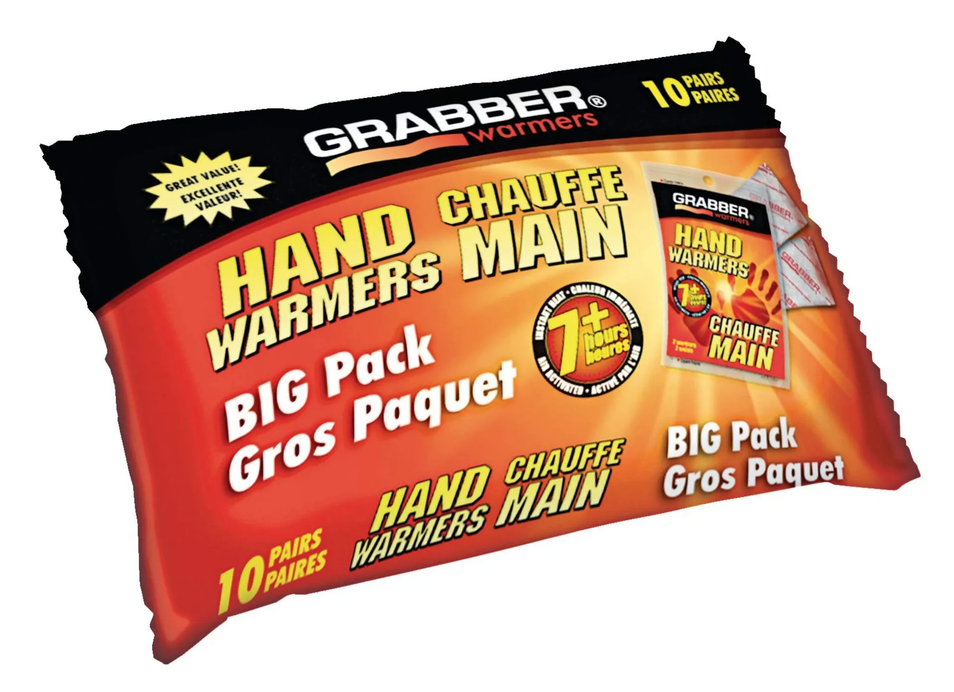 Grabber Big Pack Hand Warmers for Gloves/Pockets, 7 hours of Warmth, Instant Heat, 10-Pair